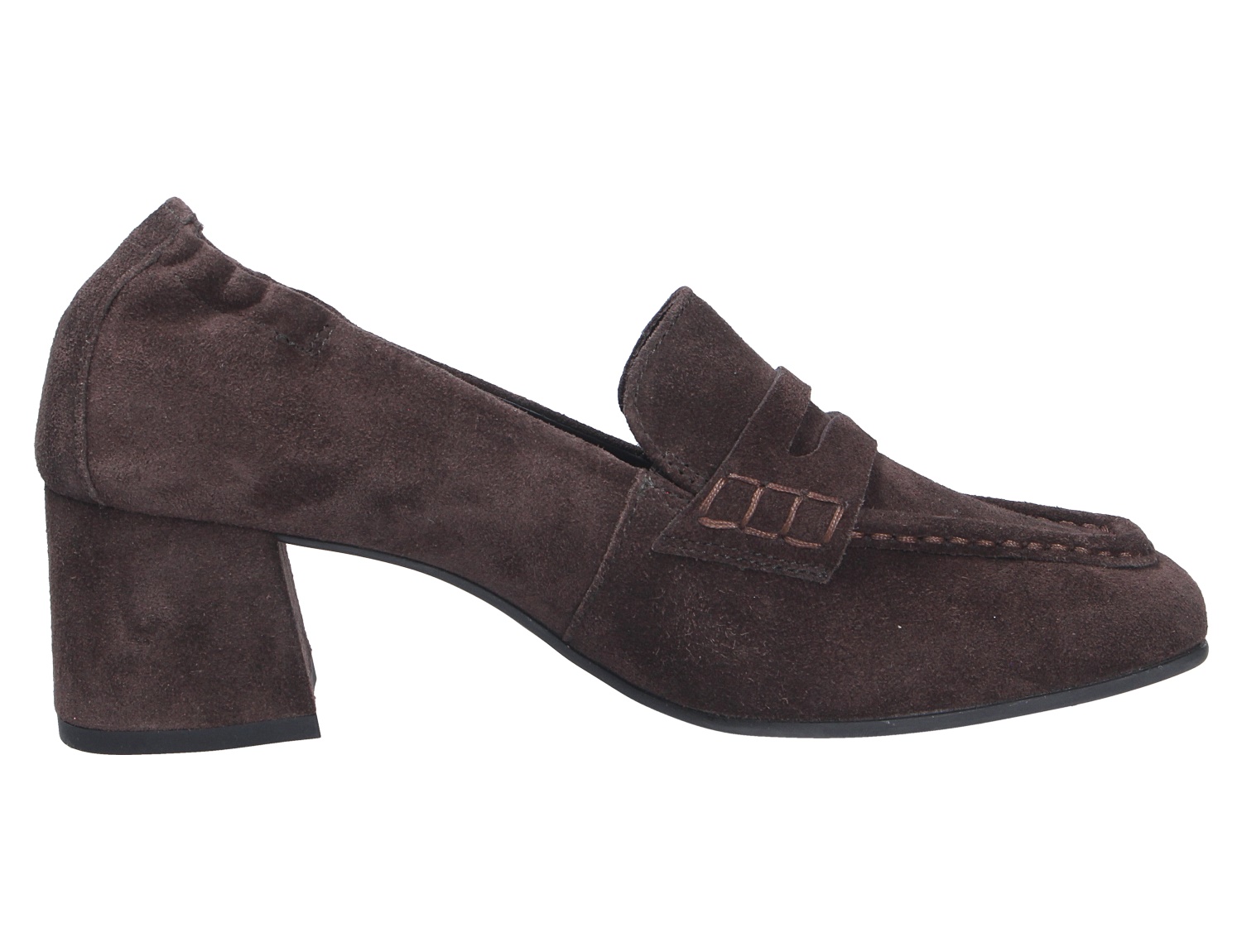 Seitenansicht eines Paul Green Damen Pumps aus braunem Veloursleder mit Blockabsatz, Lasche und Mokassin-Naht