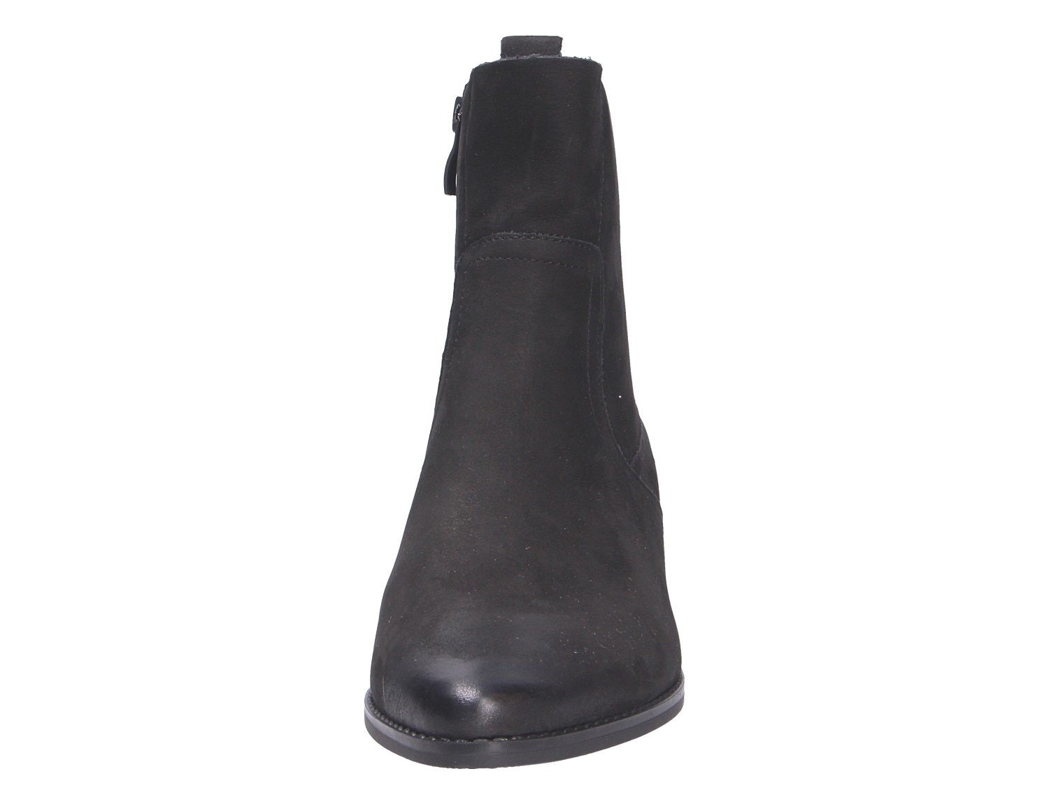 Frontansicht eines schwarzen Caprice Damen Stiefels mit schlichtem, elegantem Design und leicht spitzer Form