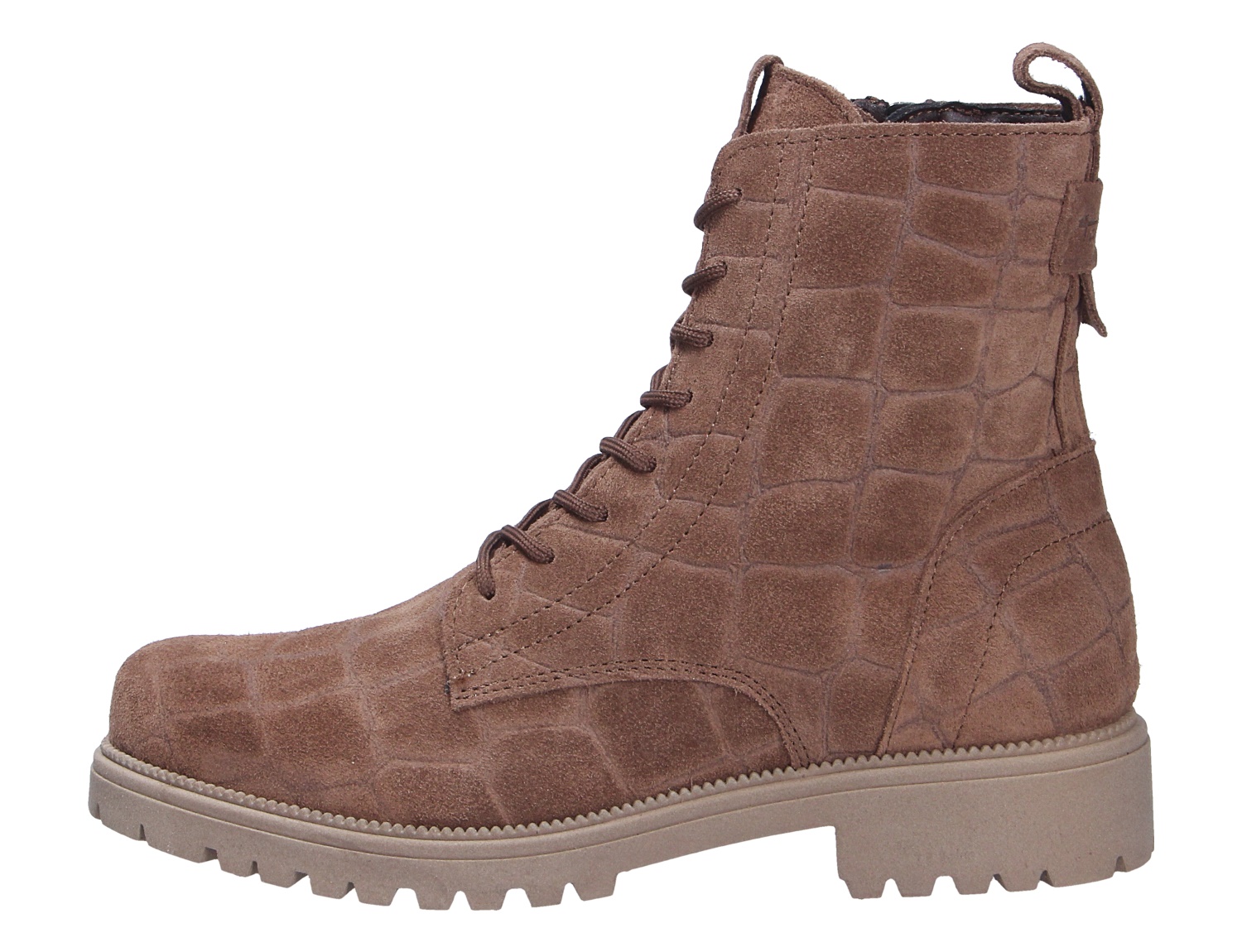Tamaris Damen Stiefel, brauner Schnürstiefel mit Profilsohle und geprägter Lederoptik in seitlicher Ansicht