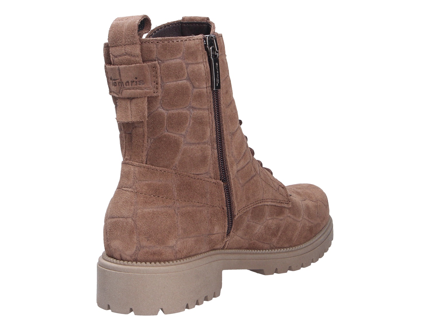 Tamaris Damen Stiefel in Taupe aus Veloursleder mit Kroko-Prägung, seitlichem Reißverschluss, Schnürung und markanter Profilsohle