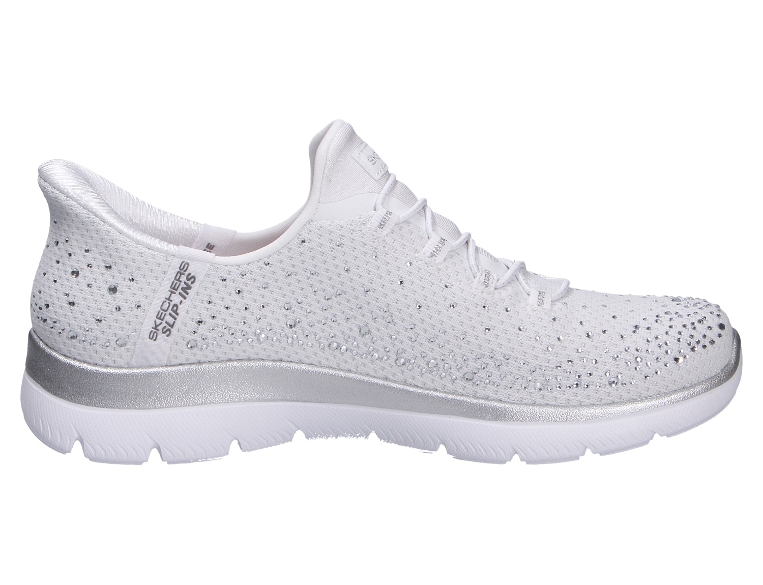 Skechers Summits Slip-Ins Sneaker in Weiß mit Glitzersteinen und silberner Sohle, Seitenansicht