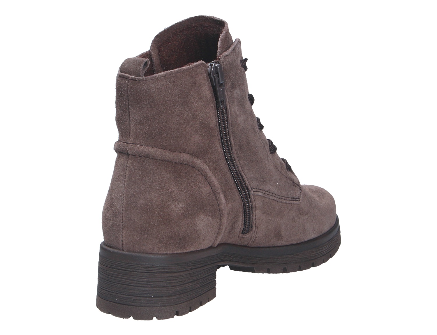 Gabor Damen Stiefel aus braunem Veloursleder, seitliche Rückansicht mit Reißverschluss, Schnürung und schwarzer Profilsohle