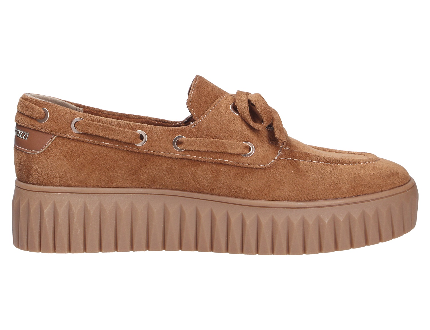 Marco Tozzi Damen Schnürschuhe in Braun aus Veloursleder, Seitenansicht mit Schnürung und markanter Plateausohle