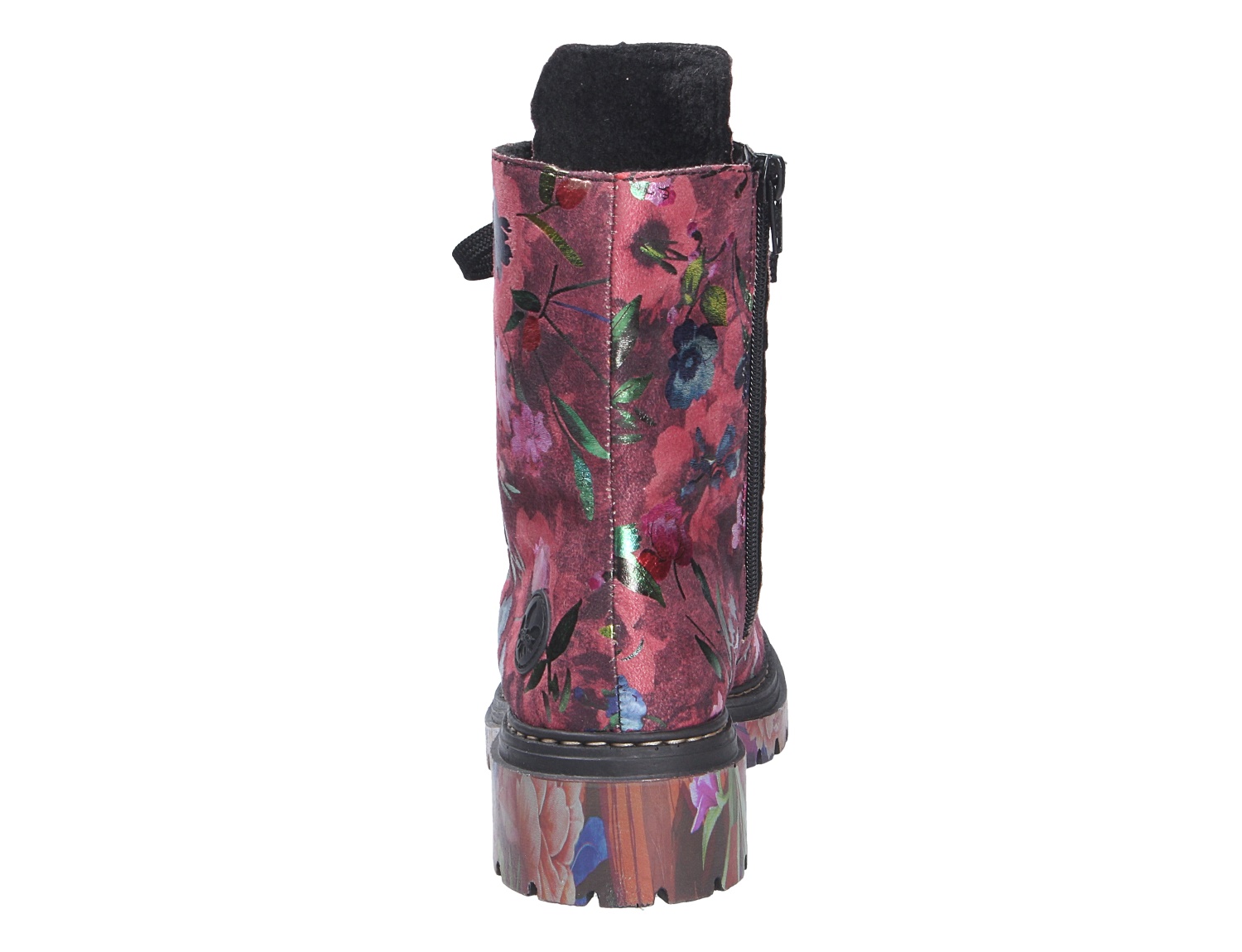 Rieker Damen Stiefel in Bordeaux mit floralem Print, schwarzem Innenfutter, seitlichem Reißverschluss und markanter Sohle in Rückansicht