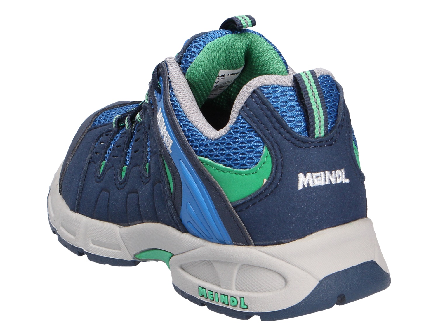 Rückansicht des Meindl Respond Kinderhalbschuhs für Jungen in Blau und Grün mit robuster Sohle und sportivem Design