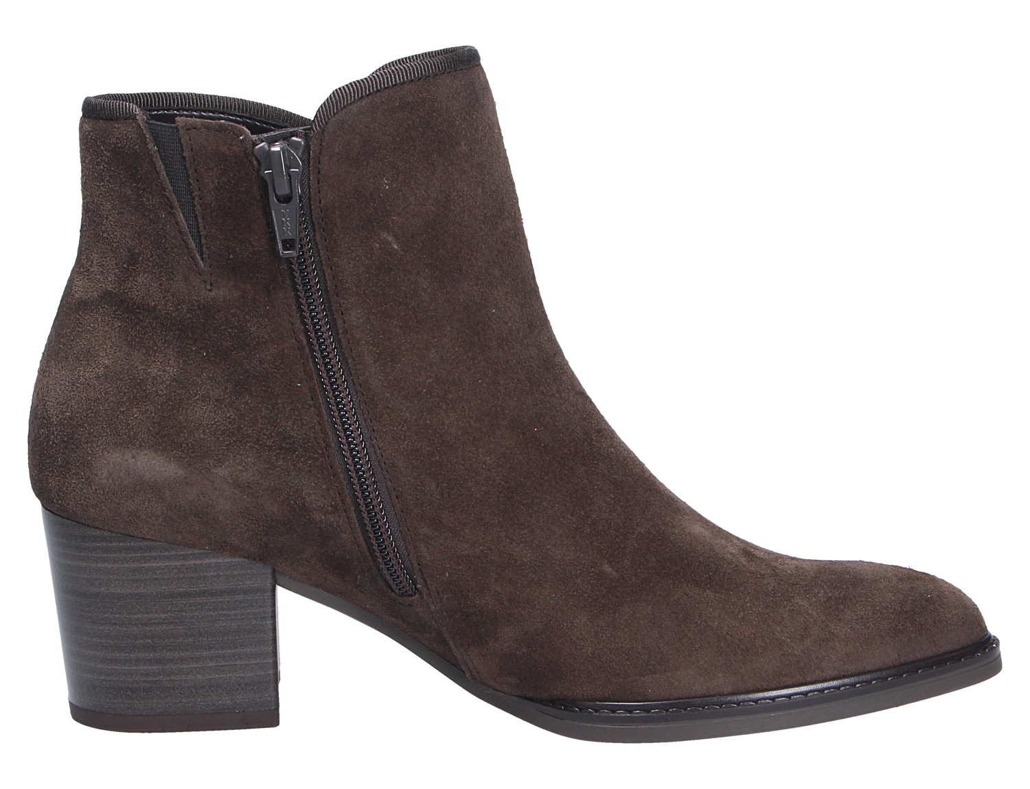 Gabor Damen Stiefel in Braun aus Veloursleder, knöchelhoch mit seitlichem Reißverschluss, elastischem Einsatz und stabilem Blockabsatz