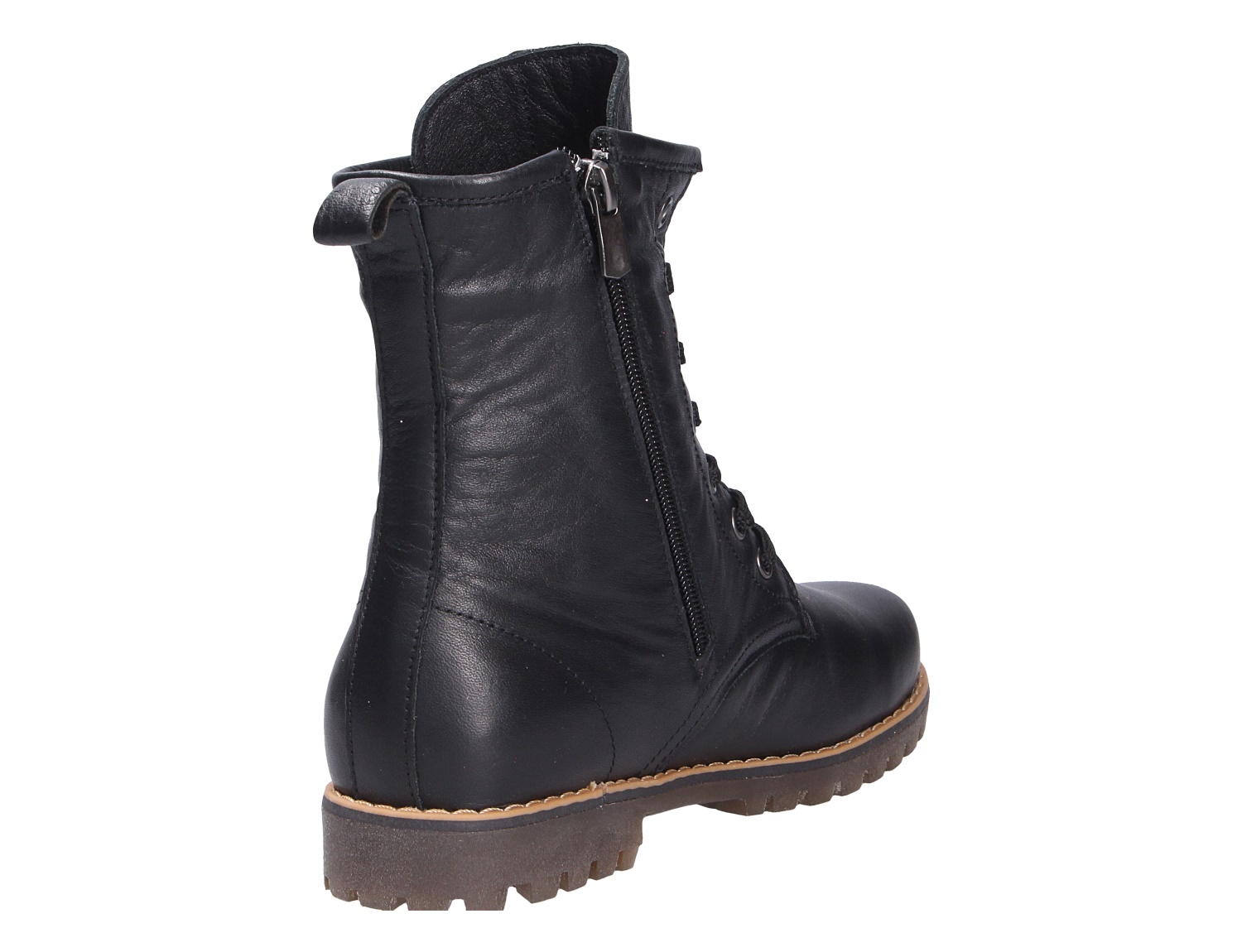 Andrea Conti Damen Stiefel aus schwarzem Leder, Ansicht von hinten seitlich, mit Schnürung, Reißverschluss und rutschfester Profilsohle