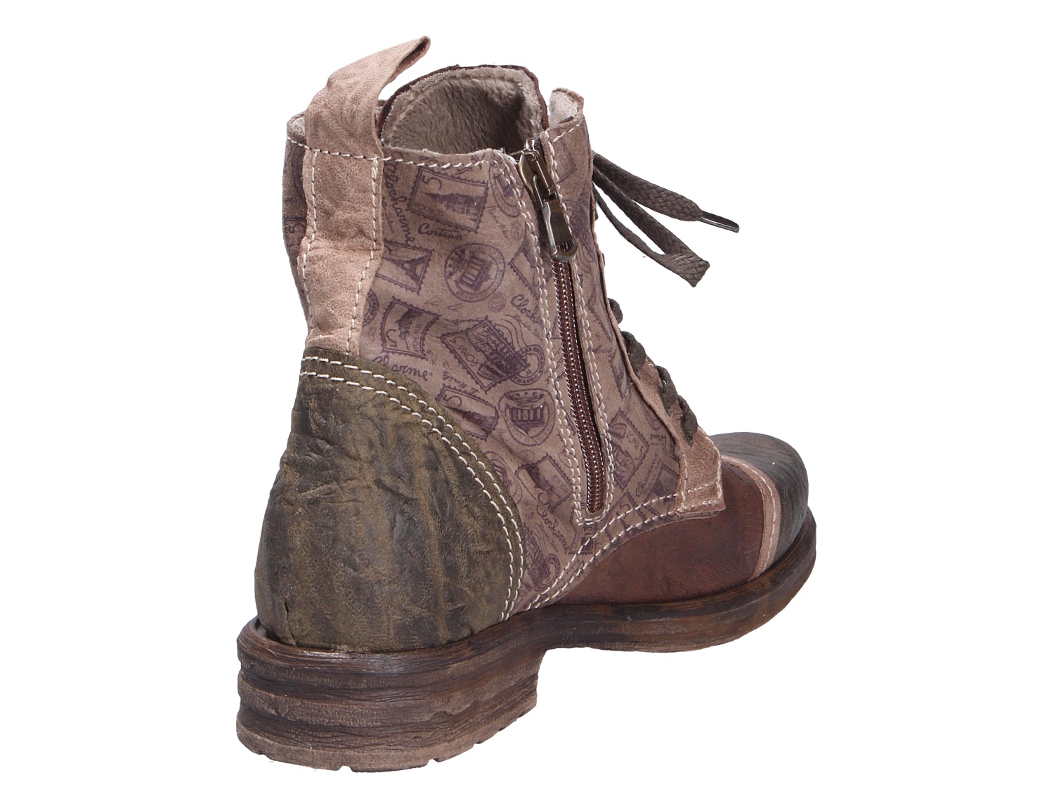 Rückansicht der Charme Etnic 9 Damen-Stiefelette in Braun mit seitlichem Reißverschluss, Schnürung und dekorativem Print