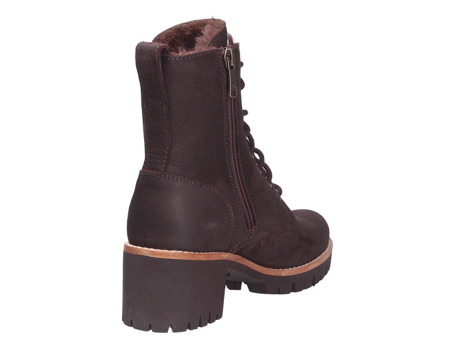 Panama Jack Padma Damen Stiefelette in Braun, seitliche Rückansicht, Lederboot mit Schnürung, Reißverschluss, warmem Innenfutter und markanter Profilsohle