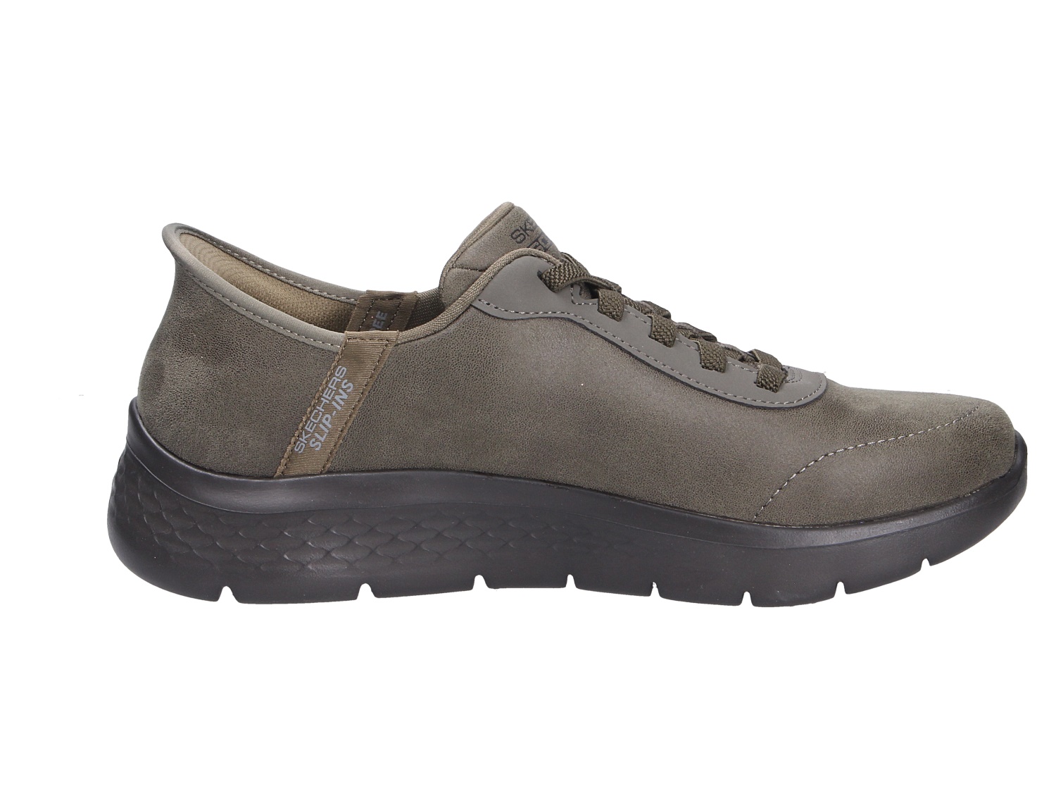 Skechers Go Walk Flex Sneaker in Taupe mit Schnürung und schwarzer Komfortsohle in der Seitenansicht