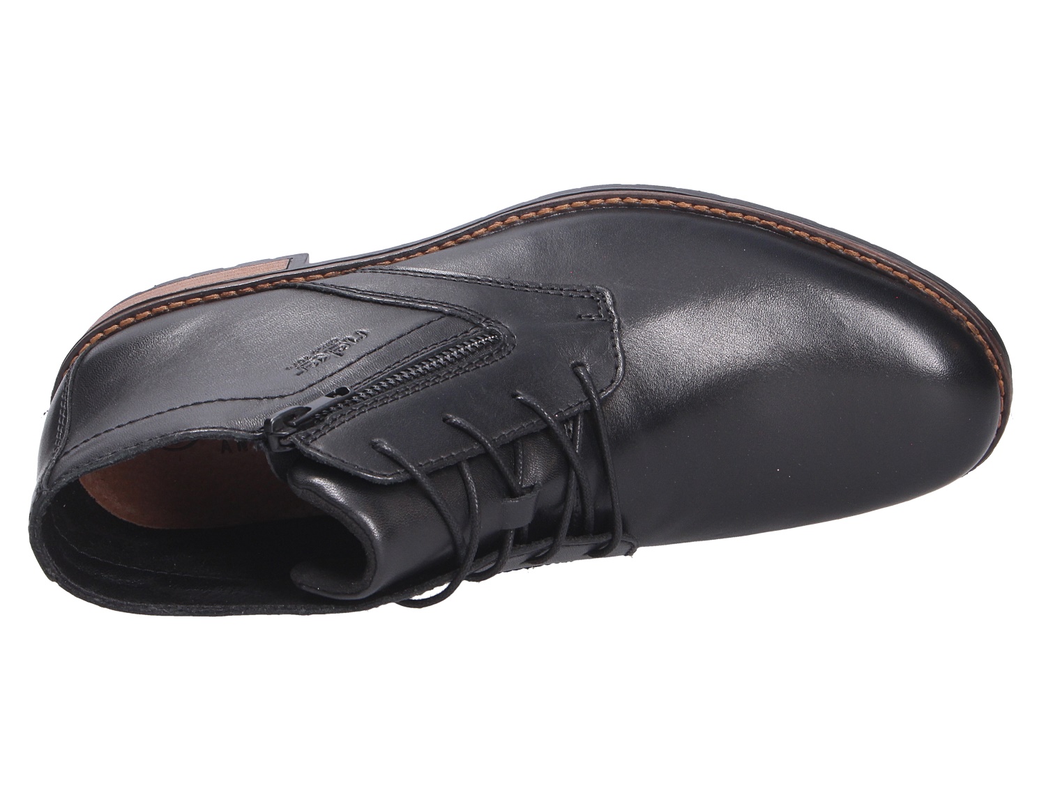 Schwarzer Rieker Herren Stiefel aus Glattleder mit Schnürung, seitlichem Reißverschluss und brauner Rahmennaht, in schräger Ansicht