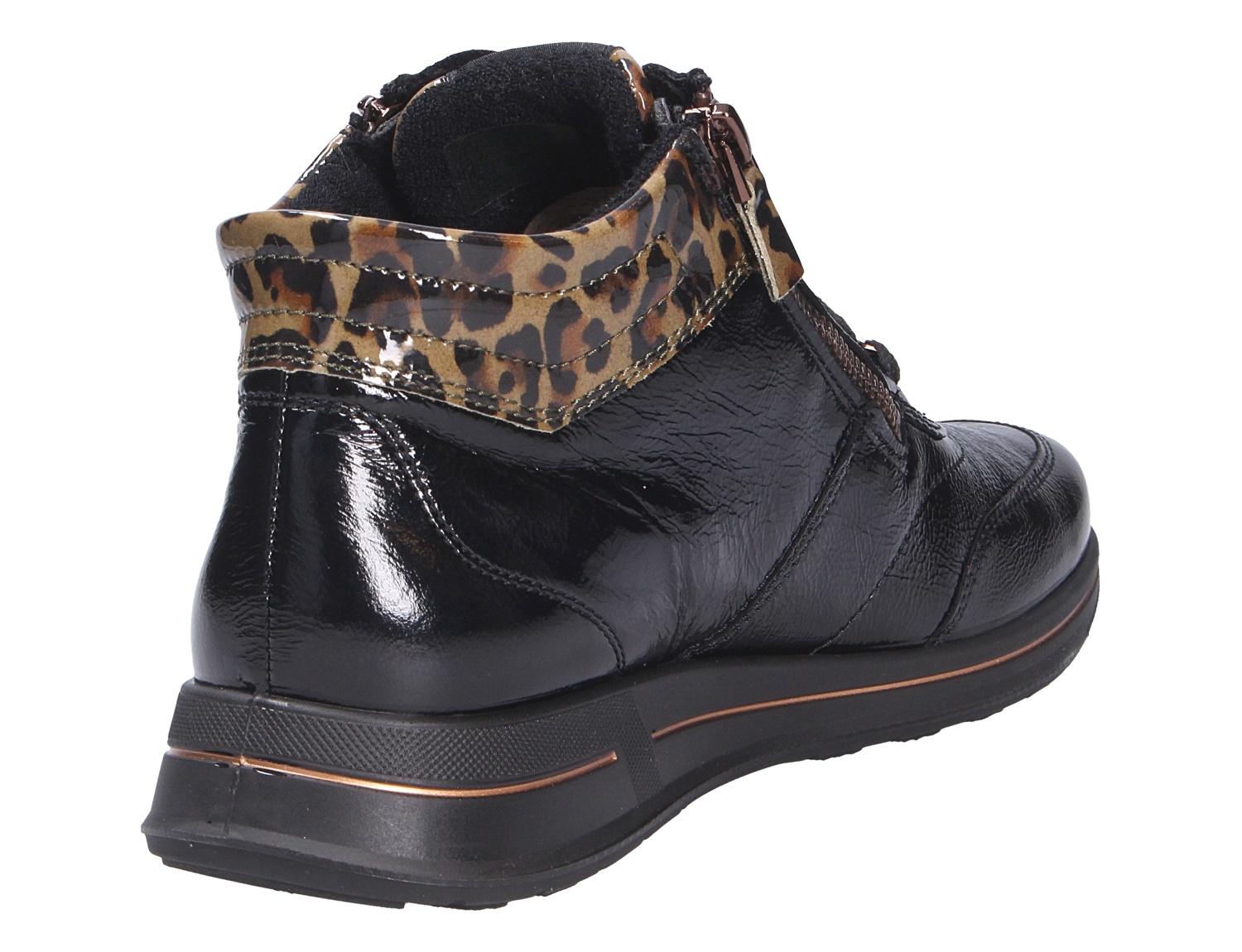 Ara OSAKA schwarze Lackleder-Stiefelette mit seitlichem Reißverschluss, Leo-Kragen und Keilsohle in Rückansicht