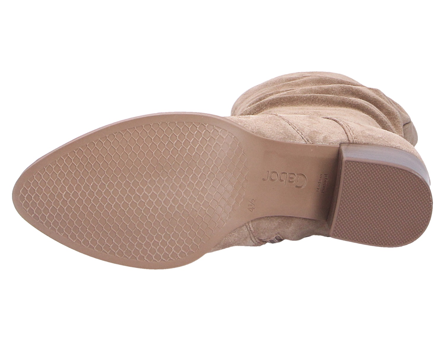 Unteransicht eines Gabor Damen Stiefels in Beige mit profilierter Laufsohle und stabilem Blockabsatz