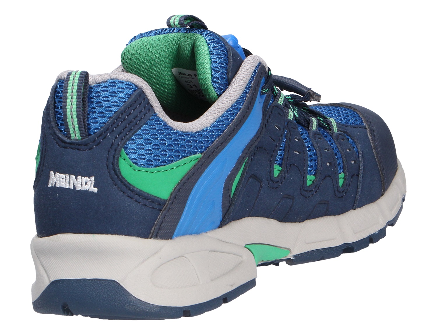 Meindl Respond Kinder-Halbschuh für Jungen in Blau und Grün, sportiver robuster Freizeitschuh mit griffiger Sohle, Rückansicht schräg von hinten