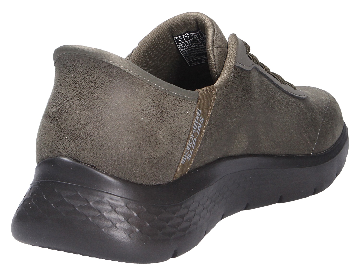 Rückansicht des Skechers Go Walk Flex Sneakers in Taupe mit gepolstertem Schaft und schwarzer flexibler Laufsohle