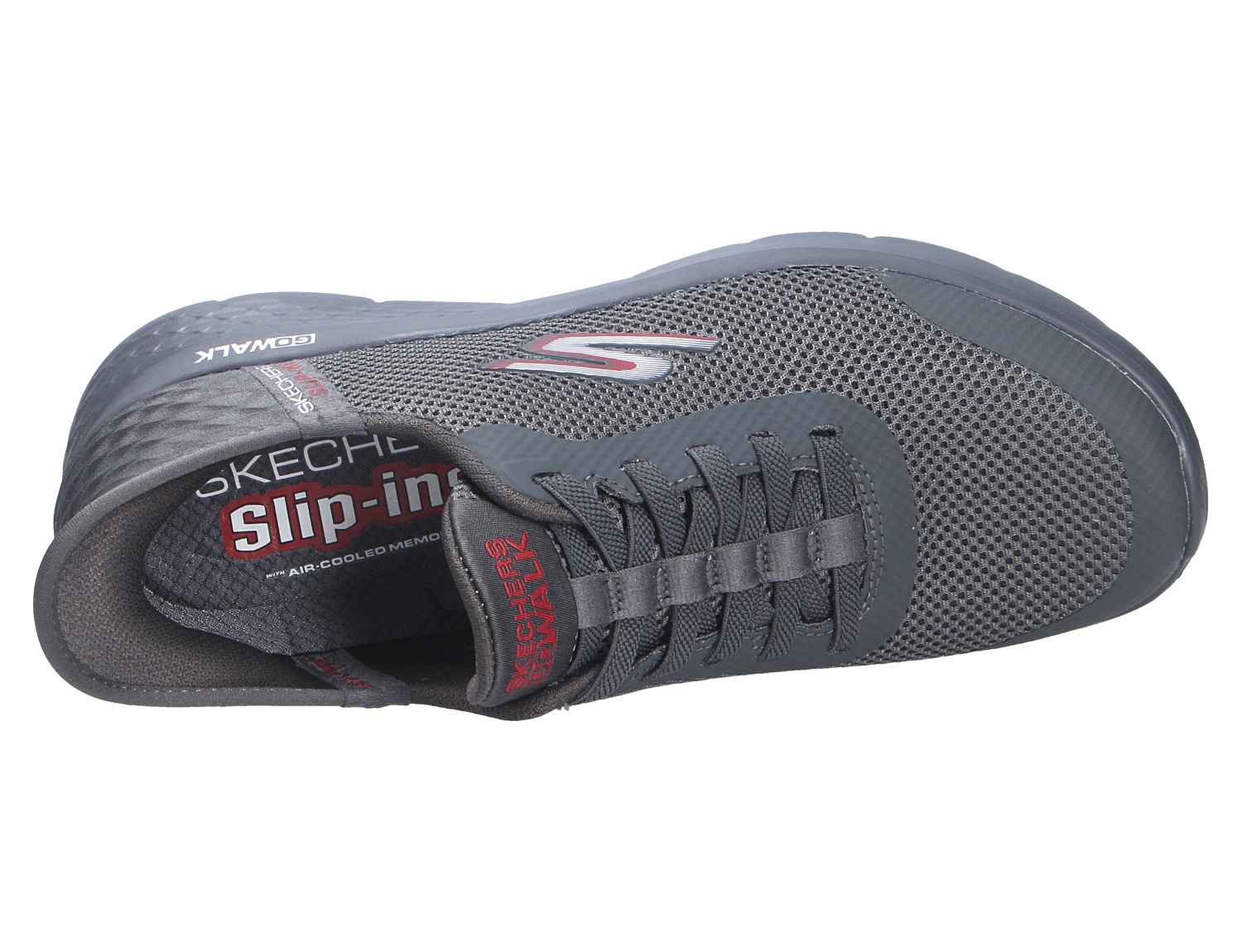 Draufsicht auf den dunkelgrauen Skechers Go Walk Sneaker mit atmungsaktivem Mesh-Obermaterial und Slip-In-Komfort