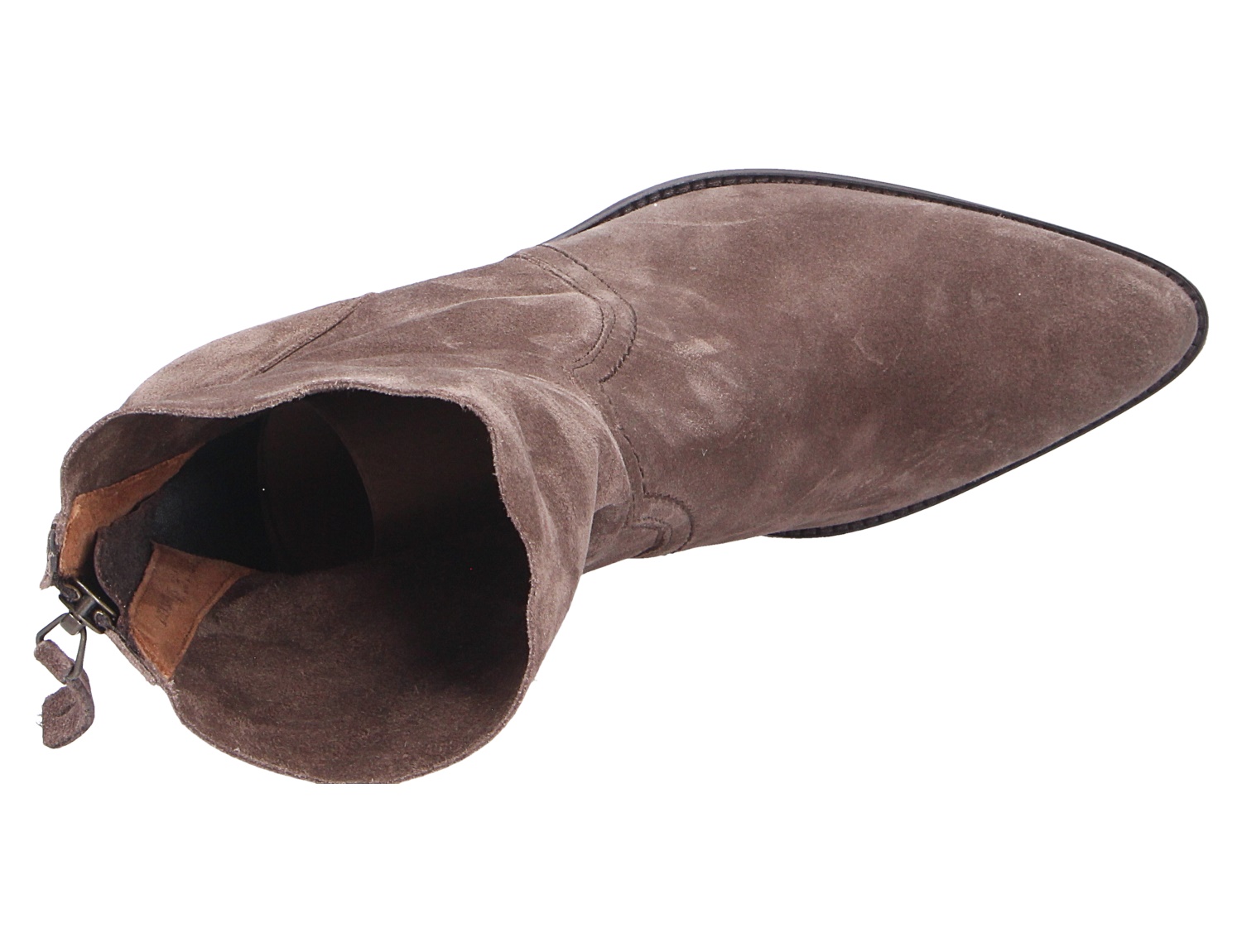 Paul Green Damen Stiefel aus braunem Veloursleder mit schlanker Spitze und Reißverschluss, Produktansicht von oben