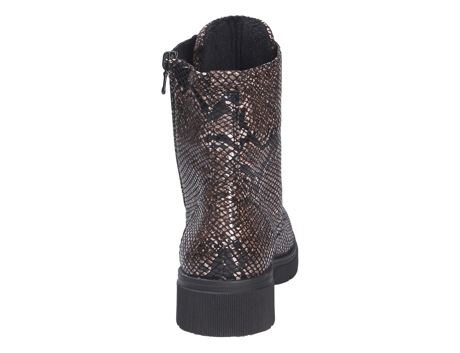 Rückansicht der Remonte Damen Stiefel in braun-schwarzer Schlangenoptik mit seitlichem Reißverschluss und markanter schwarzer Sohle