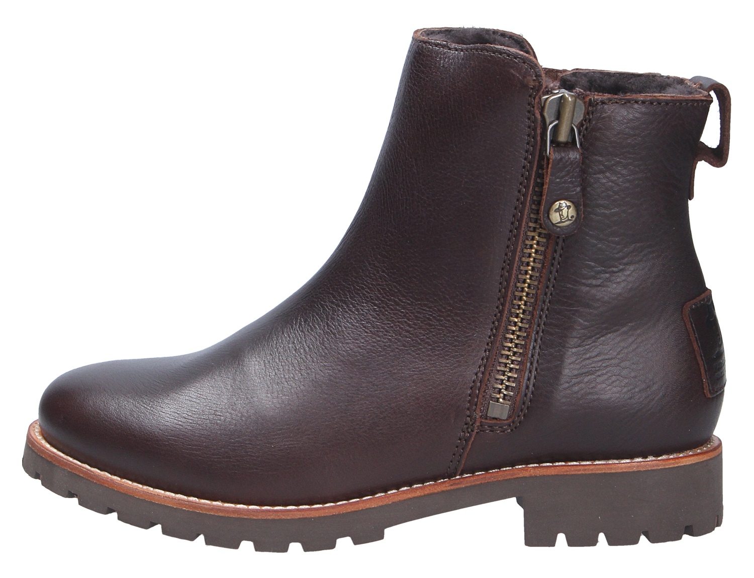 Panama Jack Fiore Damen-Stiefelette aus dunkelbraunem Leder, seitliche Ansicht mit Reißverschluss und profilierter Sohle