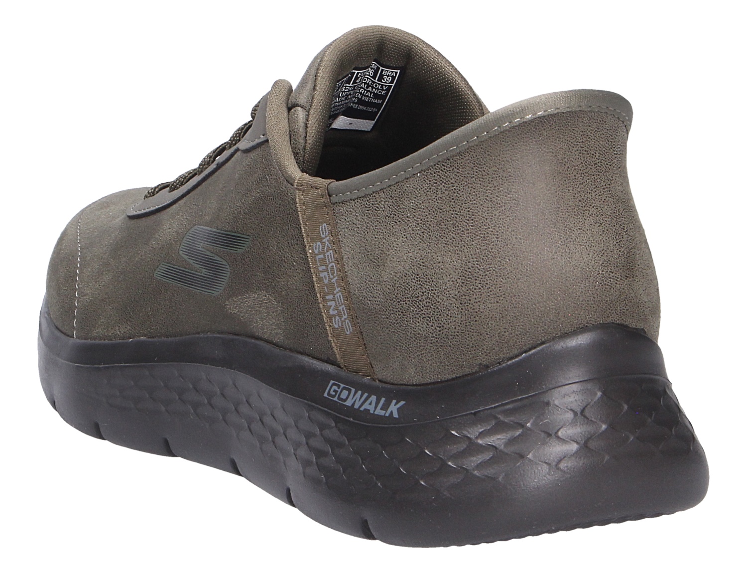 Skechers Go Walk Flex Sneaker in Olivgrün mit schwarzer Sohle, gezeigt in Rück- und Seitenansicht