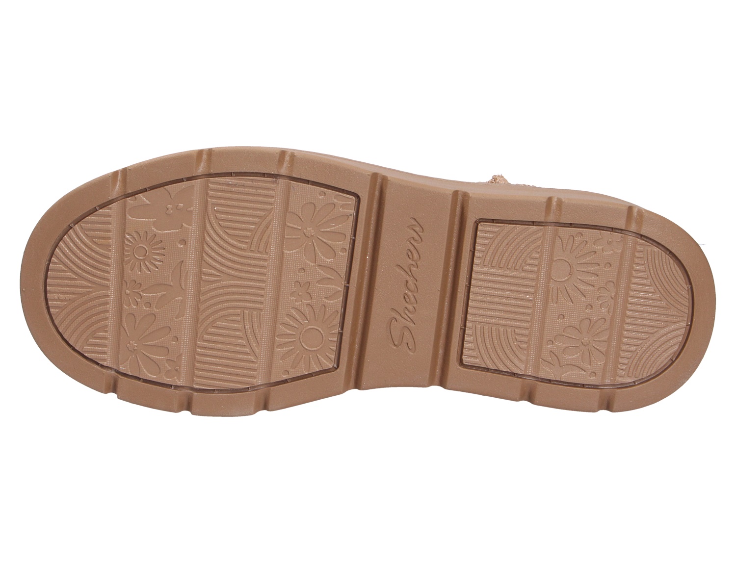 Unteransicht der braunen Profilsohle des Skechers Keepsakes Cozy mit floralem Sohlenmuster und rutschhemmender Struktur