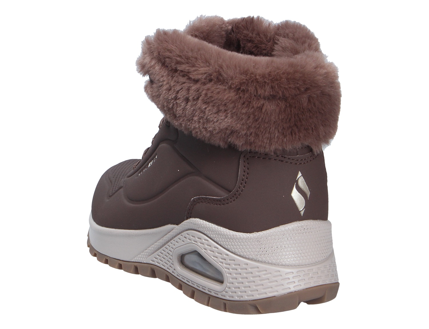 Skechers Uno Rugged brauner Winter-Sneaker mit hohem Schaft, weichem Kunstfellkragen und profilierter Sohle in Rückansicht
