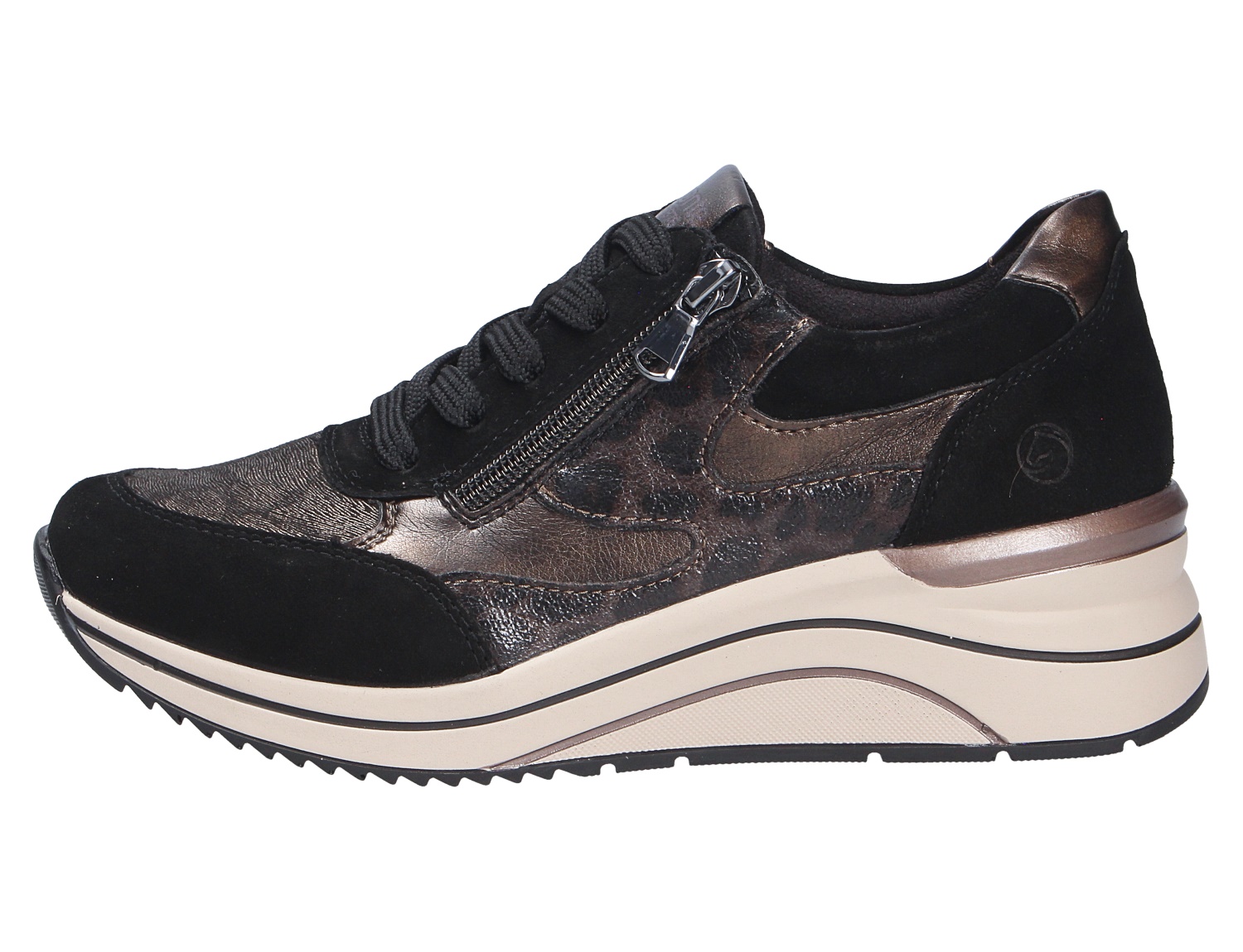 Remonte Damen Schnürschuhe in Schwarz-Bronze, seitliche Ansicht, mit Schnürung, Reißverschluss und sportlicher Plateausohle