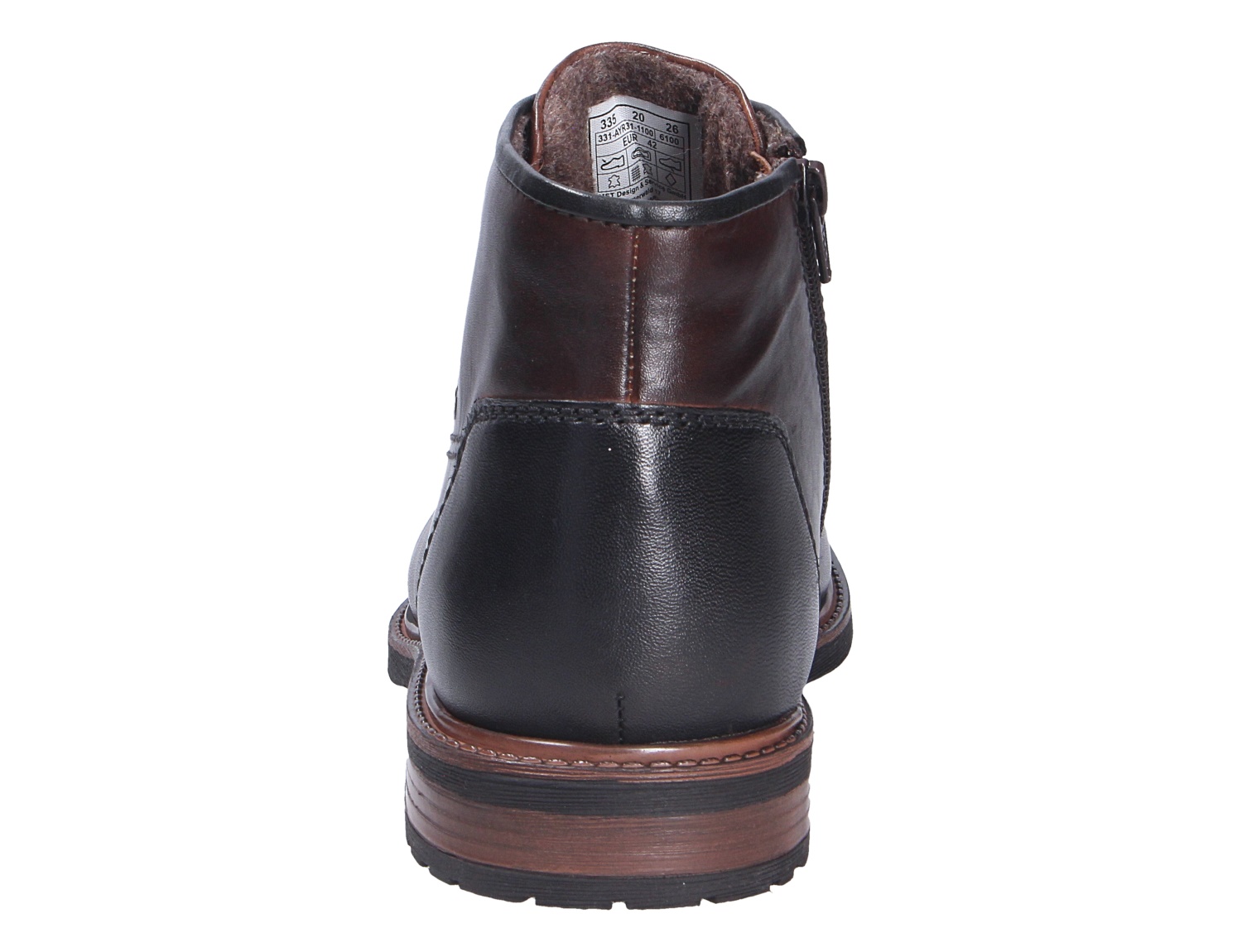 Rückansicht der bugatti Herren Stiefel aus zweifarbigem Leder in Schwarz und Braun mit seitlichem Reißverschluss und robuster Sohle