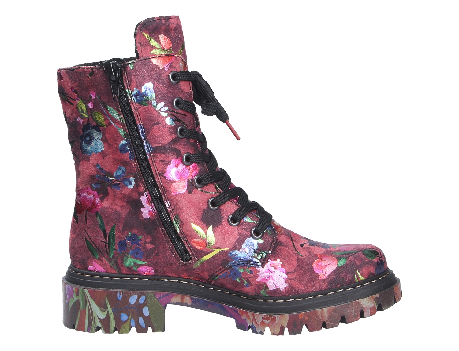 Rieker Damen Stiefel in Bordeaux mit floralem Print, schwarzer Schnürung, seitlichem Reißverschluss und markanter Profilsohle