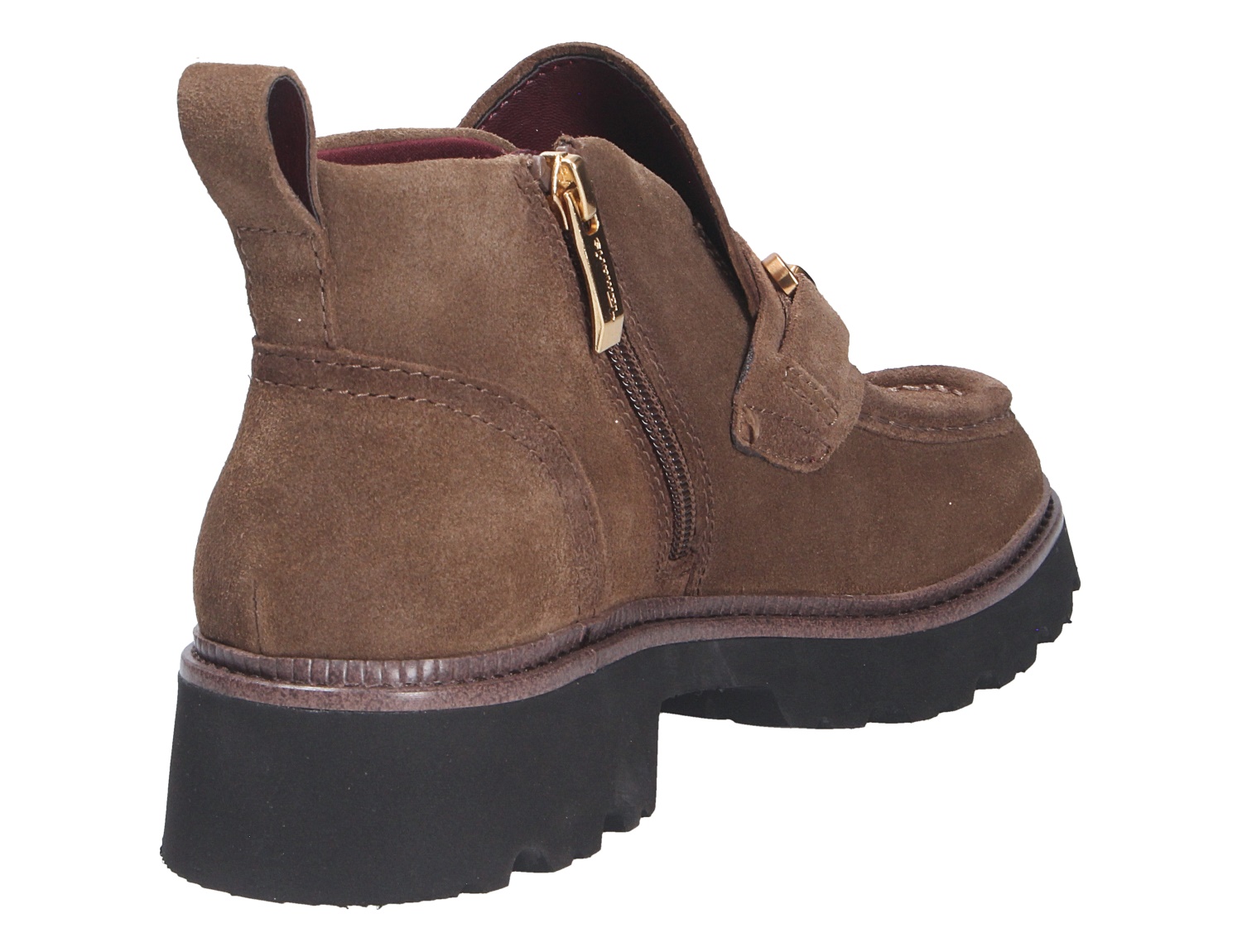 Tamaris Damen Stiefel in Braun aus Veloursleder, Rück- und Seitenansicht mit seitlichem Reißverschluss, Lasche und schwarzer Profilsohle