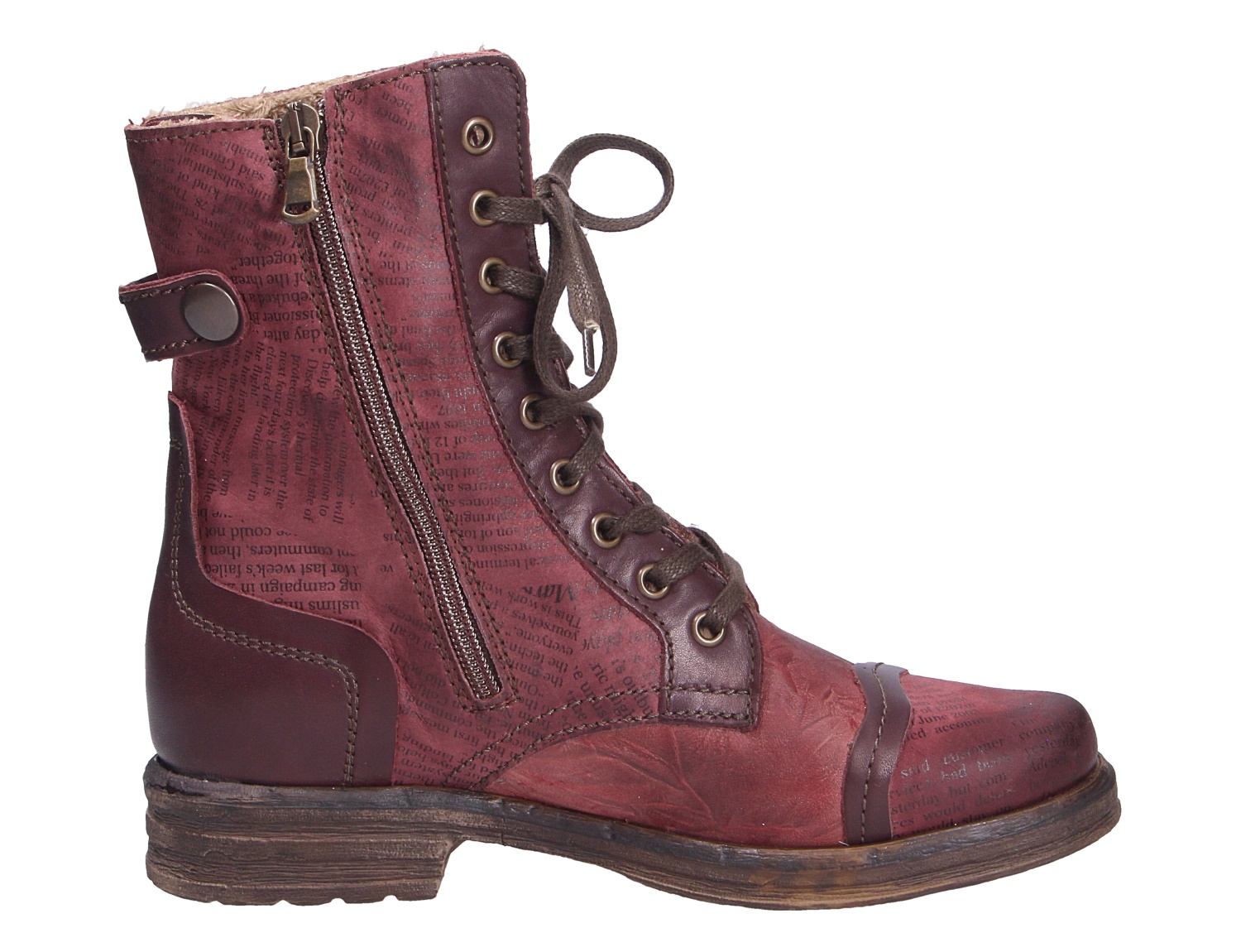 Charme Etnic 26 Damen-Stiefelette in Bordeaux, halbhoher Schnürboot mit seitlichem Reißverschluss, Zierlasche und Vintage-Print