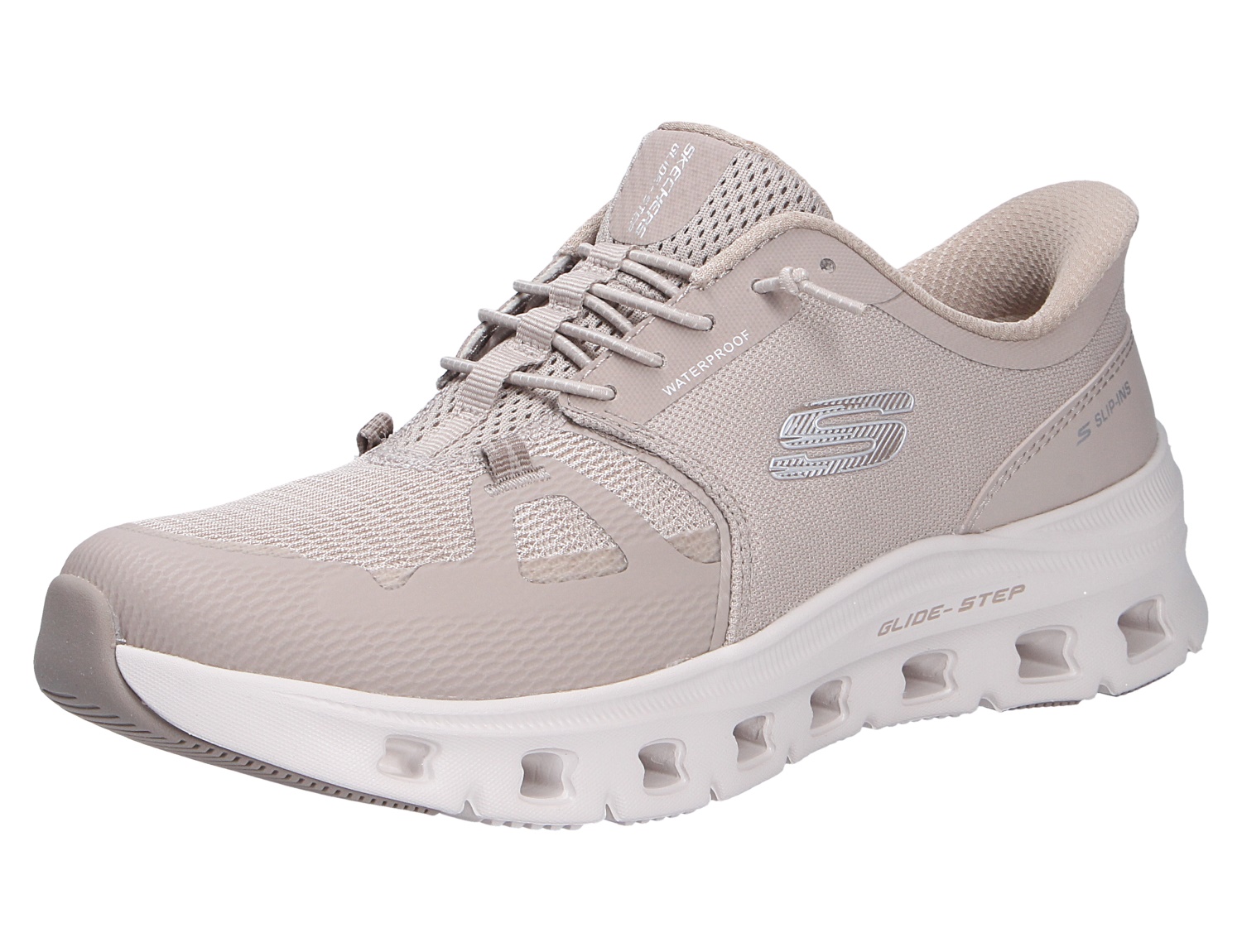 Skechers Glide Step Pro Sneaker in Beige, seitliche Ansicht mit atmungsaktivem Mesh, Slip-ins-Funktion und wasserdichtem Obermaterial