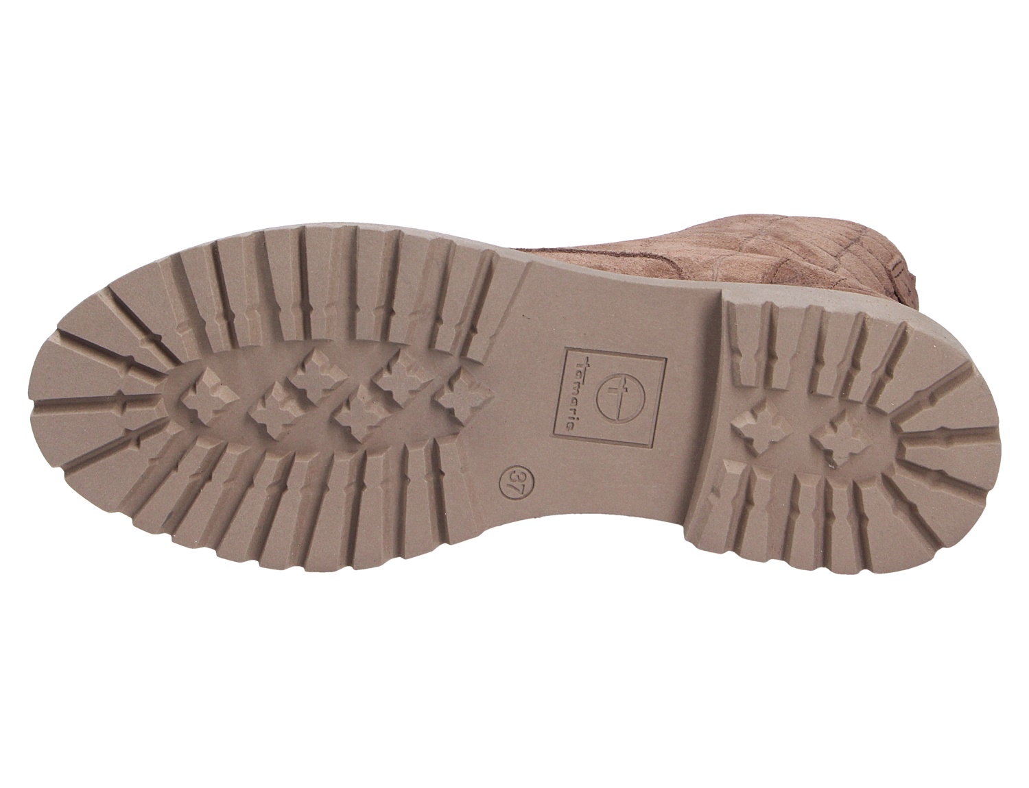 Unteransicht der rutschfesten Profilsohle eines Tamaris Damen Stiefels in Beige mit markantem Blockprofil