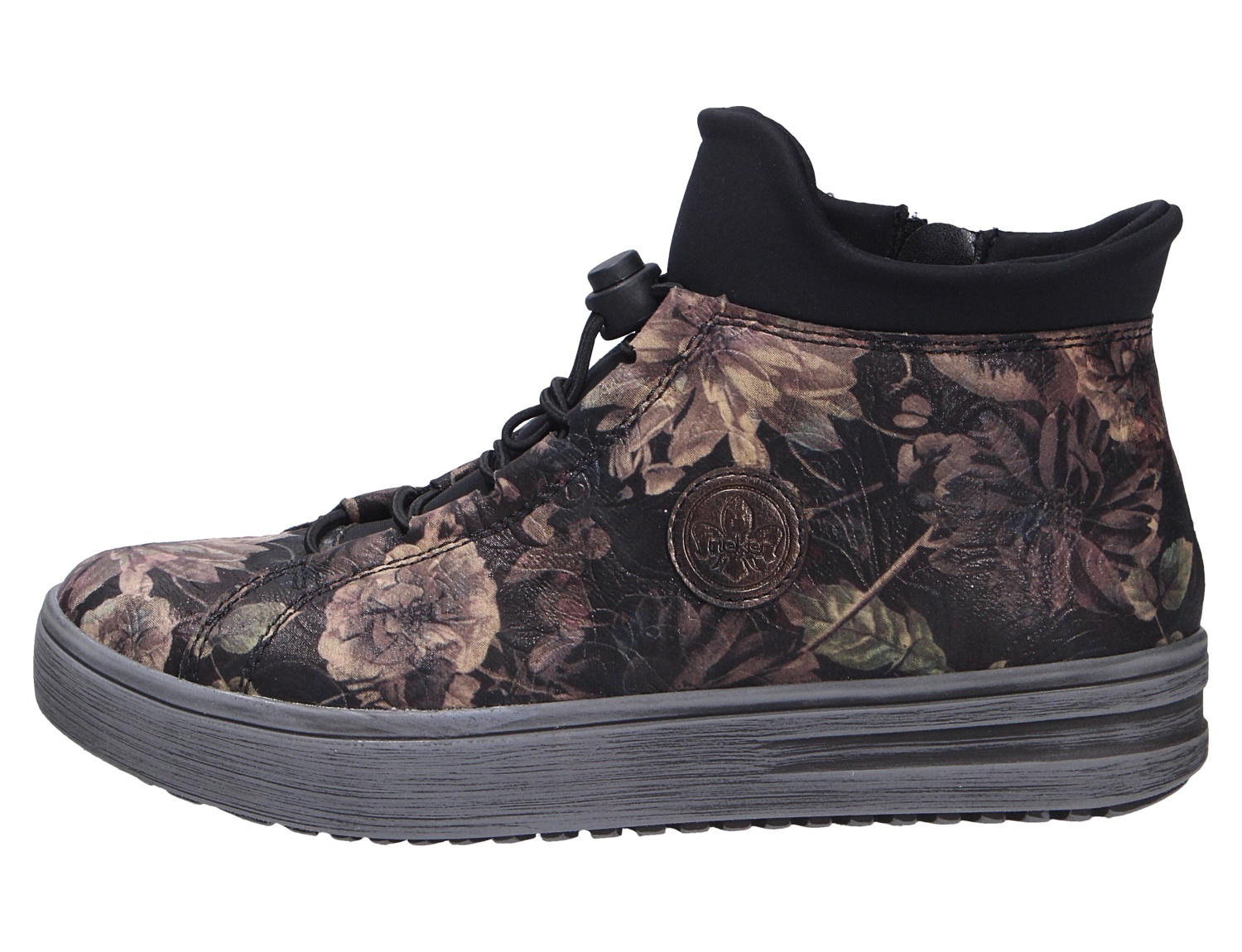 Rieker Damen Stiefel mit floralem Muster, schwarzer Sohle und Schnürung, seitliche Produktansicht
