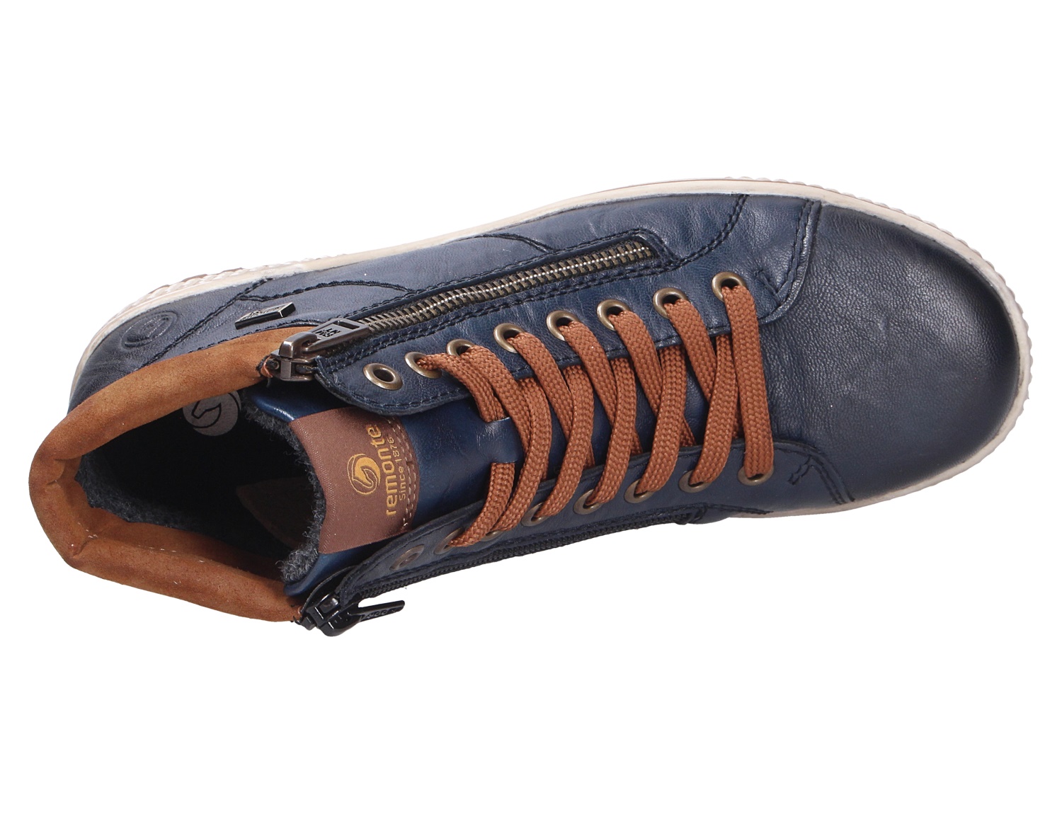 Remonte Damen Stiefel, dunkelblauer Schnürstiefel mit braunen Senkeln, seitlichem Reißverschluss und hellem Sohlenrand in Draufsicht