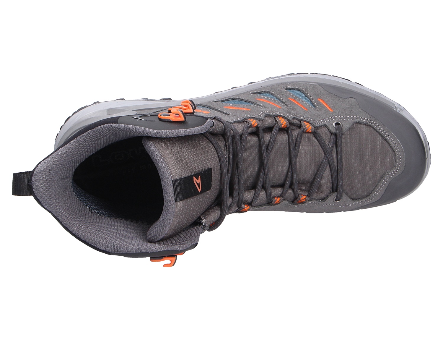 Draufsicht auf den Lowa INNOVO GTX MID Herren-Trekkingstiefel in Grau mit orangefarbenen Details, robuster Schnürung und wasserdichtem GORE-TEX für Trekking und Wanderungen.