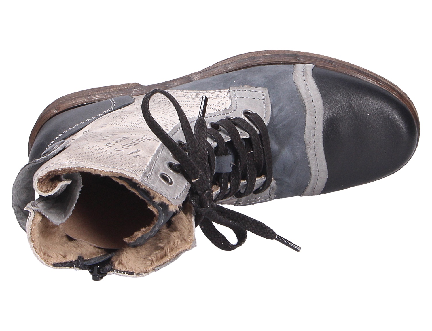 Charme Etnic 26 Damen-Stiefelette in Grau-Schwarz, gefüttert, mit Schnürung, Reißverschluss und runder Kappe, Ansicht von oben