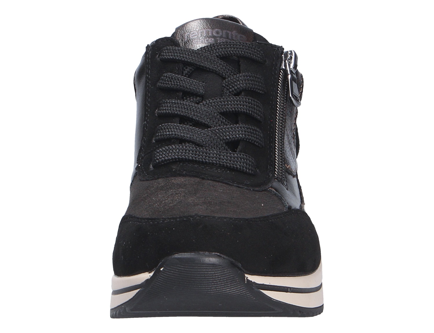Remonte Damen Schnürschuhe in Schwarz, Frontansicht eines sportlichen Schuhs mit Schnürung, seitlichem Reißverschluss und heller Plateau-Sohle