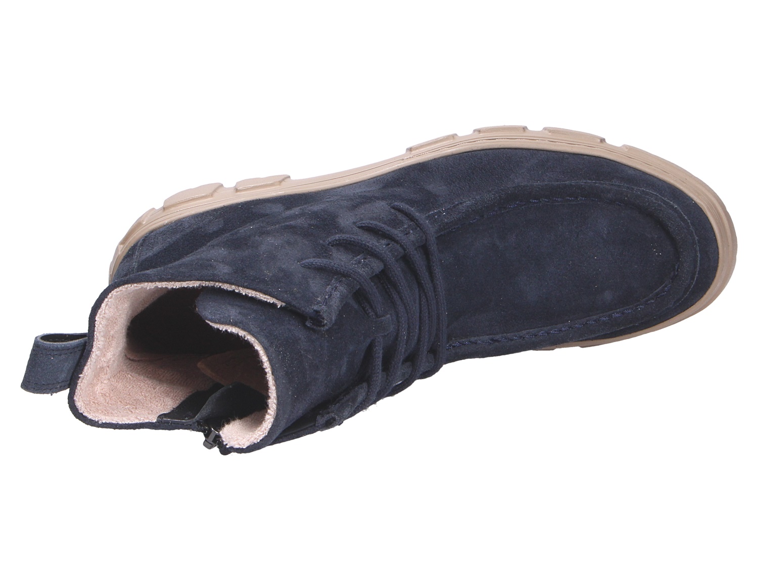 Paul Green Damen Schnürschuhe aus dunkelblauem Veloursleder, Ansicht von oben, mit Schnürung, Reißverschluss und heller Profilsohle