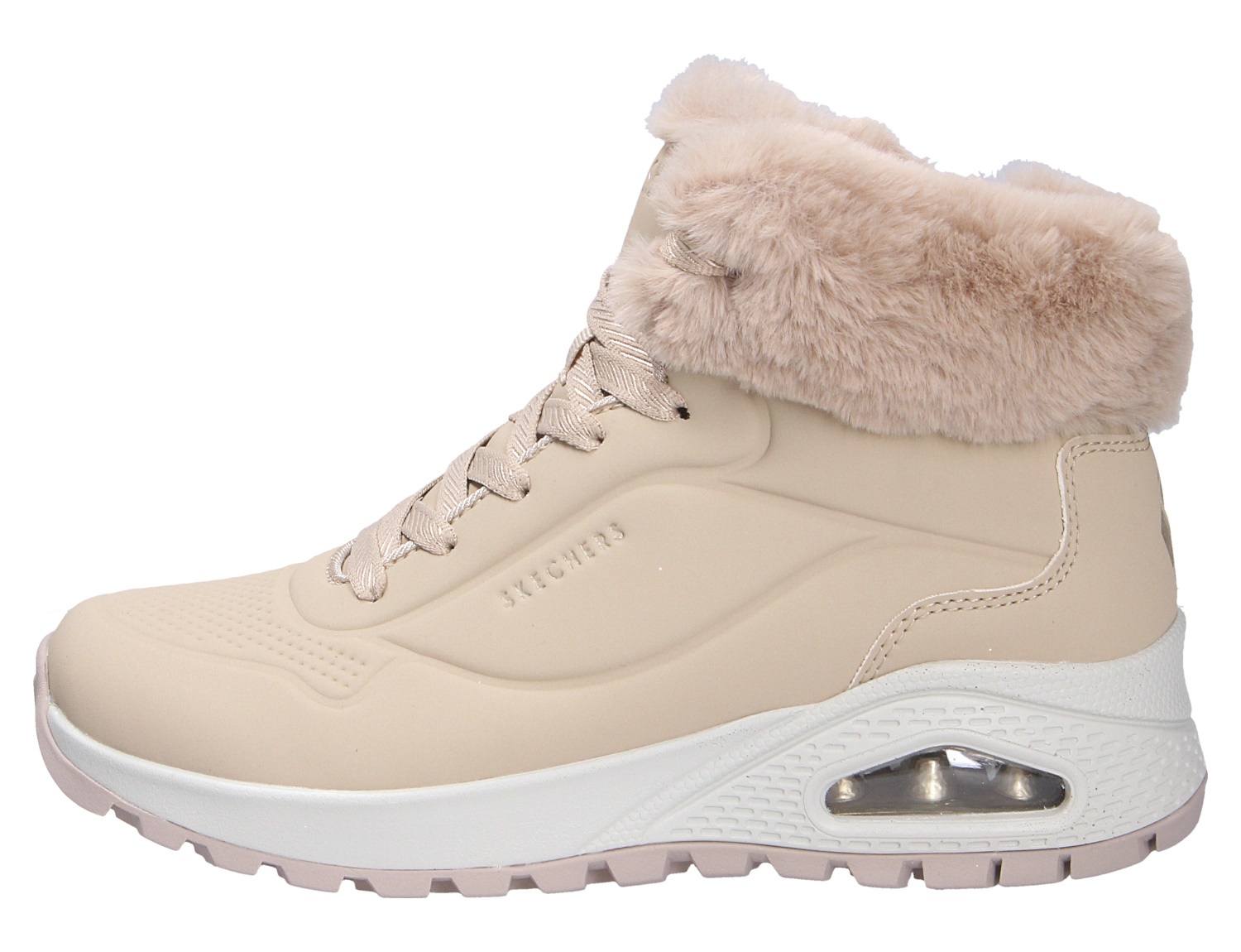 Skechers Uno Rugged Damen Winter-Sneaker in Beige mit weichem Kunstfellkragen, Schnürung und profilierter Sohle, Seitenansicht