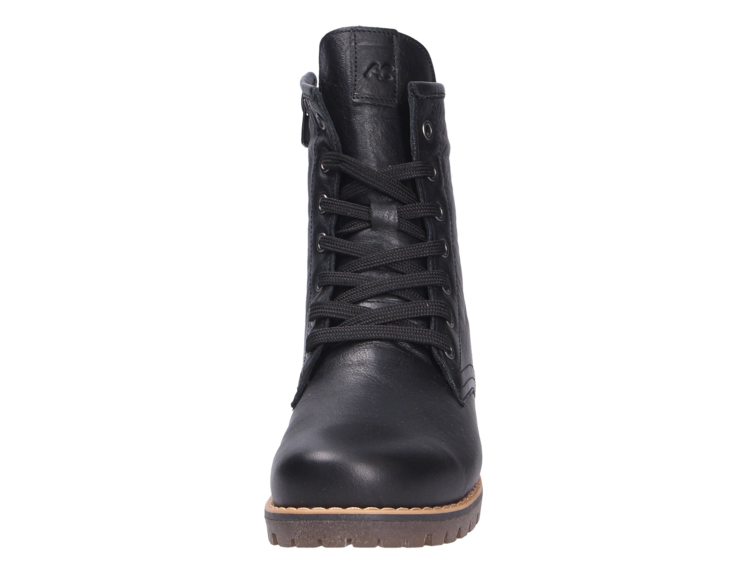 Andrea Conti Damen Stiefel in Schwarz, Frontansicht eines Schnürboots aus Leder mit Schnürung, Reißverschluss und profilierter Sohle