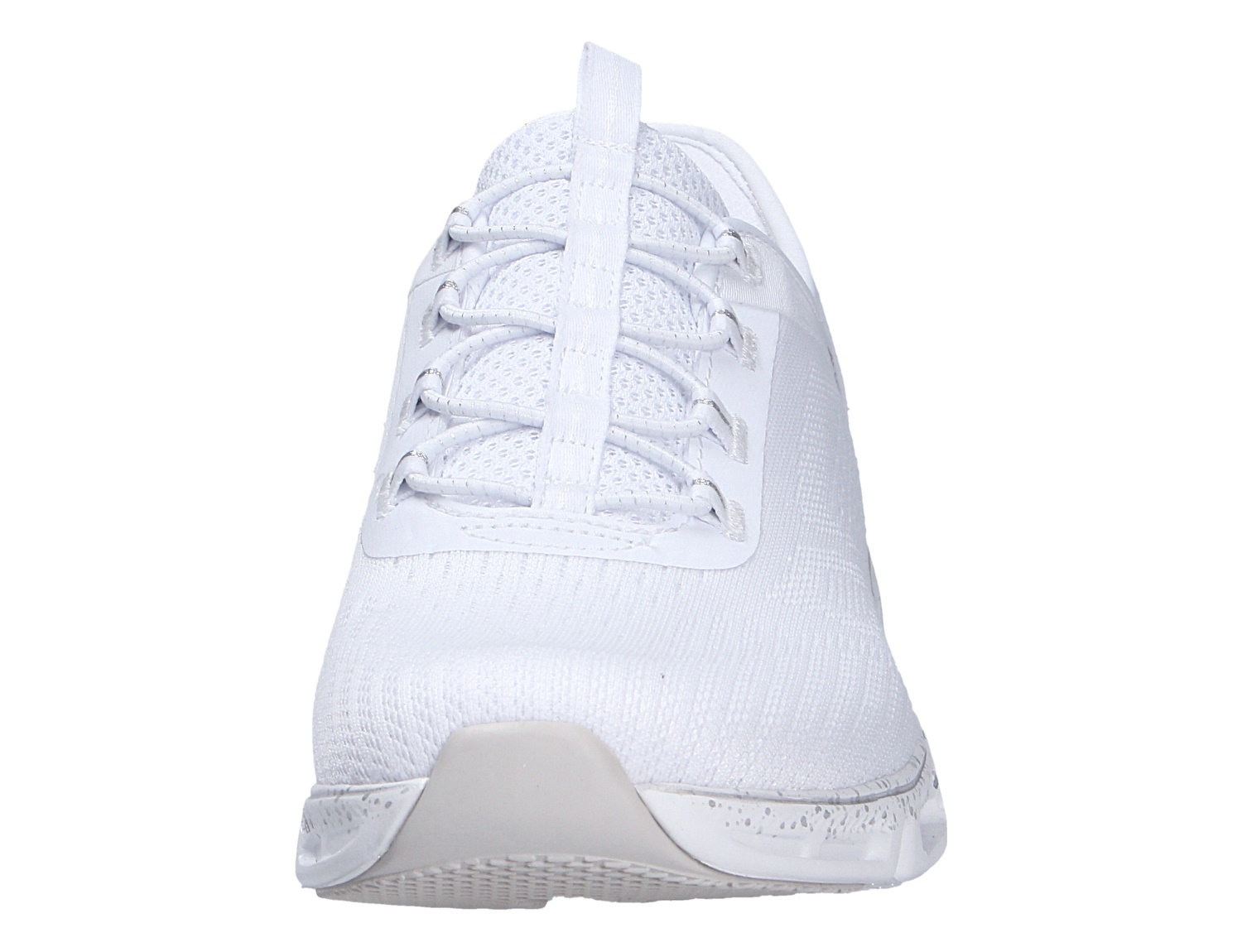 Frontalansicht des weißen Skechers Glide Step Sneakers mit atmungsaktivem Mesh-Obermaterial und elastischer Schnürung