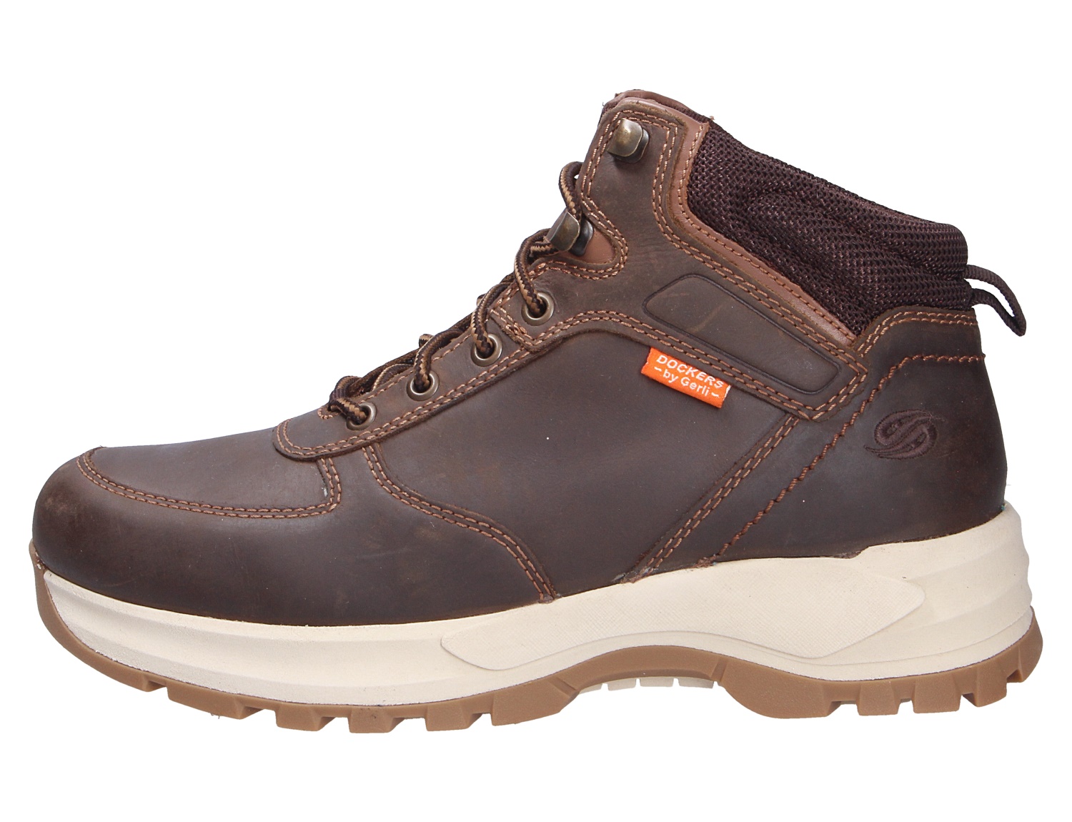 Dockers Herren Stiefel in Braun als robuster Schnürboot mit gepolstertem Schaft und heller Profilsohle in seitlicher Ansicht
