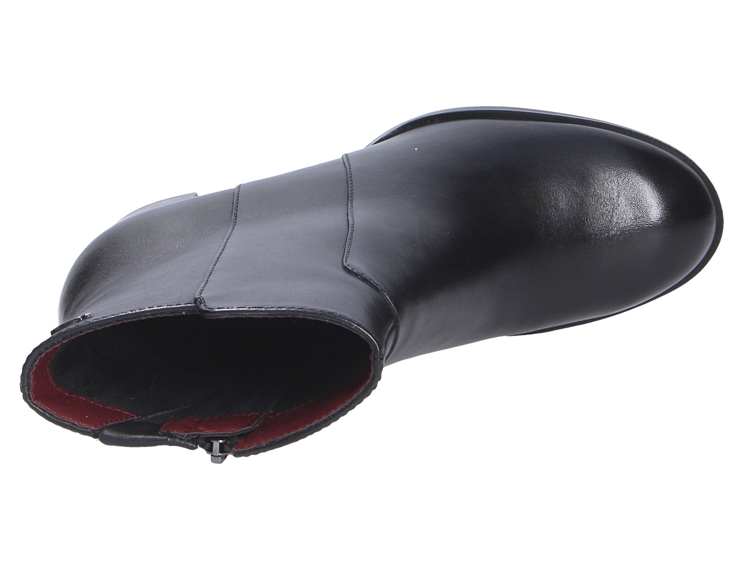 Tamaris Damen Stiefel in Schwarz, elegante Stiefelette mit glatter Oberfläche und Reißverschluss in seitlicher Schrägansicht