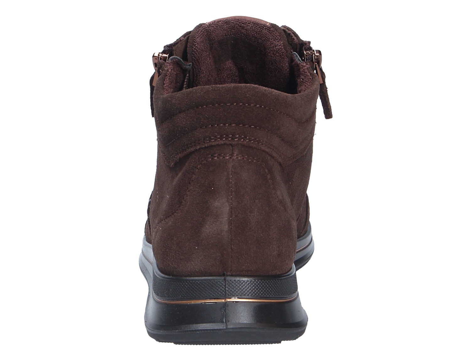 Rückansicht der braunen Ara OSAKA Stiefelette aus Veloursleder mit seitlichem Reißverschluss, gepolstertem Schaft und sportlicher Sohle