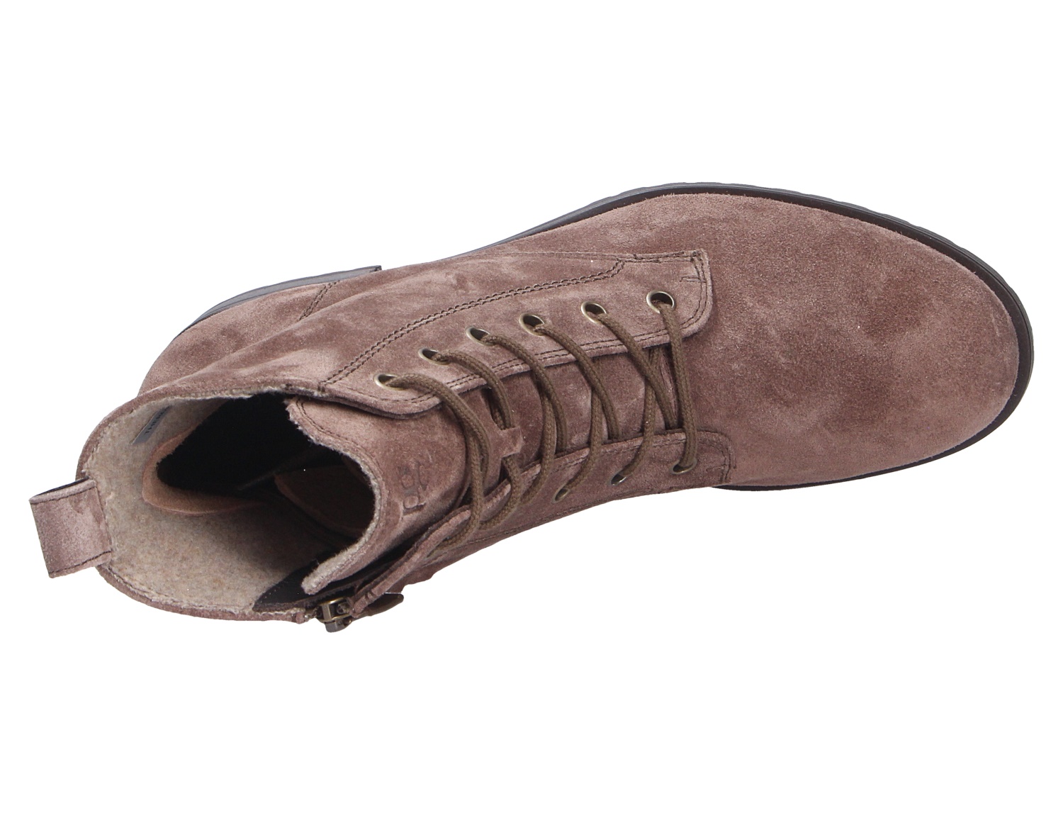 Paul Green Damen Stiefel in Taupe aus Veloursleder, Draufsicht auf knöchelhohen Schnürstiefel mit seitlichem Reißverschluss