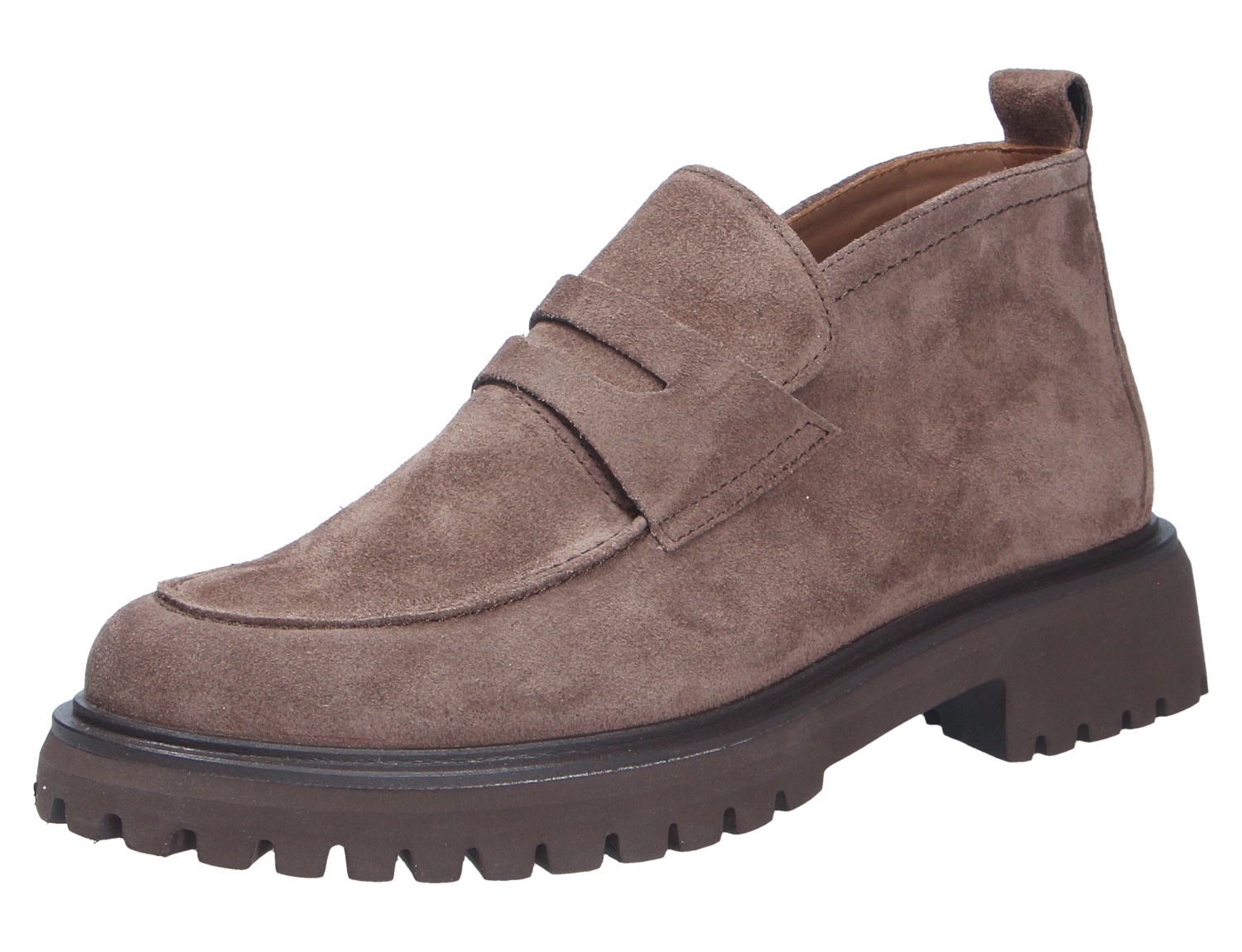Paul Green Damen Slipper aus taupefarbenem Veloursleder, seitliche Ansicht, mit klassischer Lasche und robuster dunkler Profilsohle