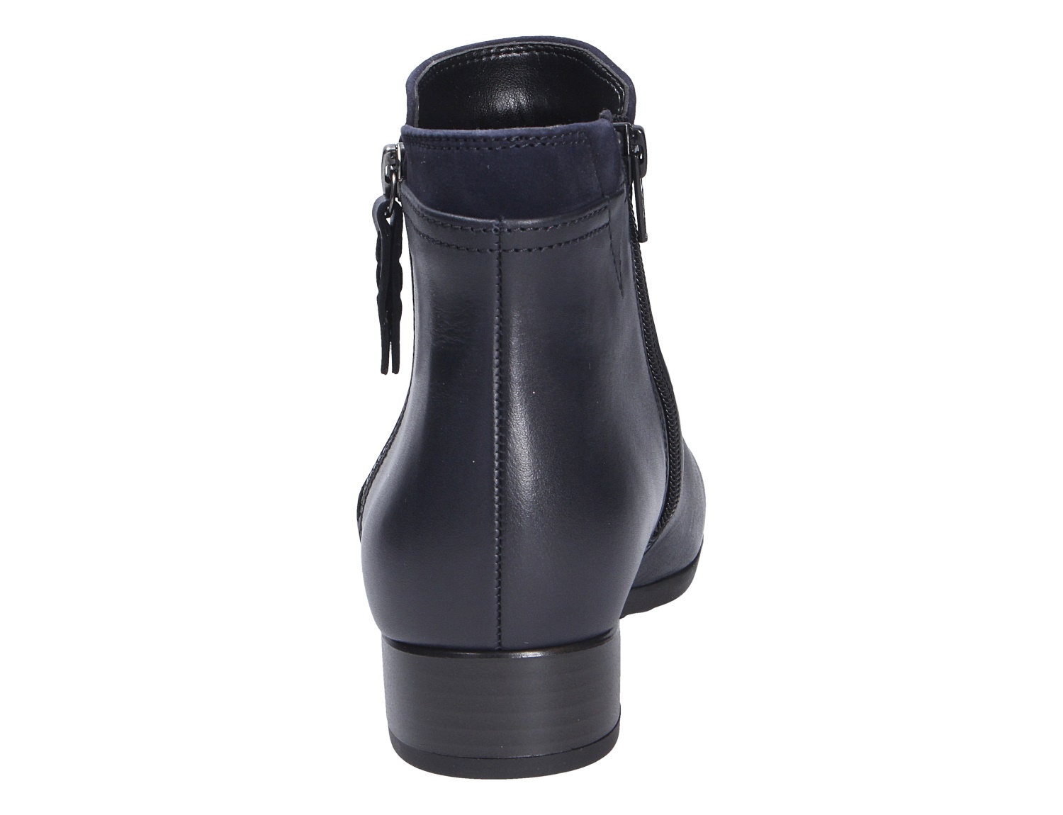 Gabor Damen Stiefel in Dunkelblau, Rückansicht eines eleganten Kurzstiefels mit seitlichem Reißverschluss und kleinem Blockabsatz