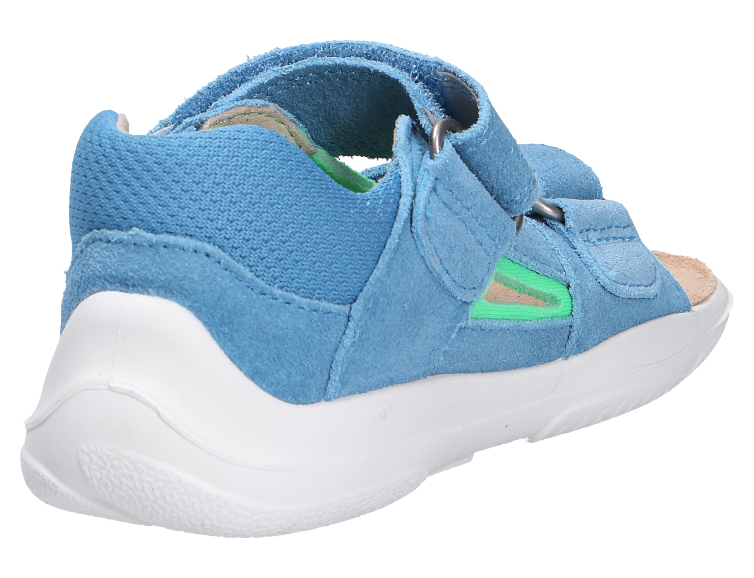 Rückansicht der blauen Superfit NINO Kindersandale aus Veloursleder mit Klettverschluss, offenen Seiten und weißer Laufsohle