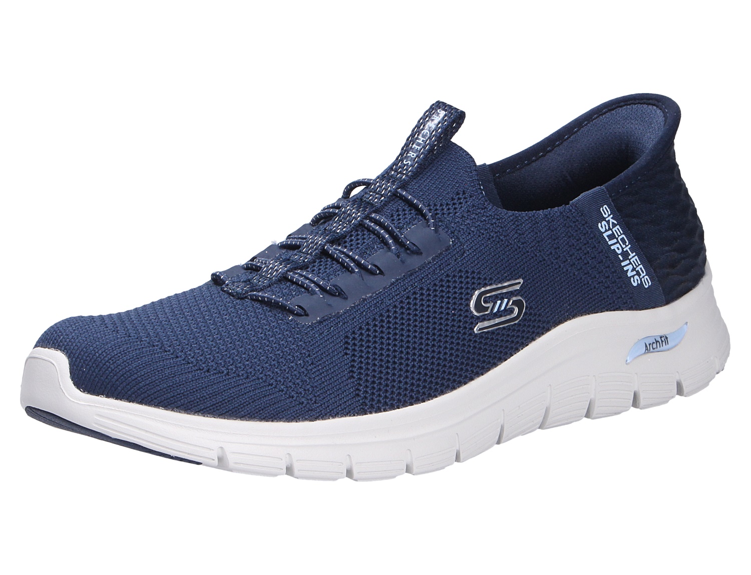 Skechers Arch Fit Slip-ins Sneaker in Dunkelblau, sportlicher Freizeitschuh mit Strick-Obermaterial und weißer Komfortsohle